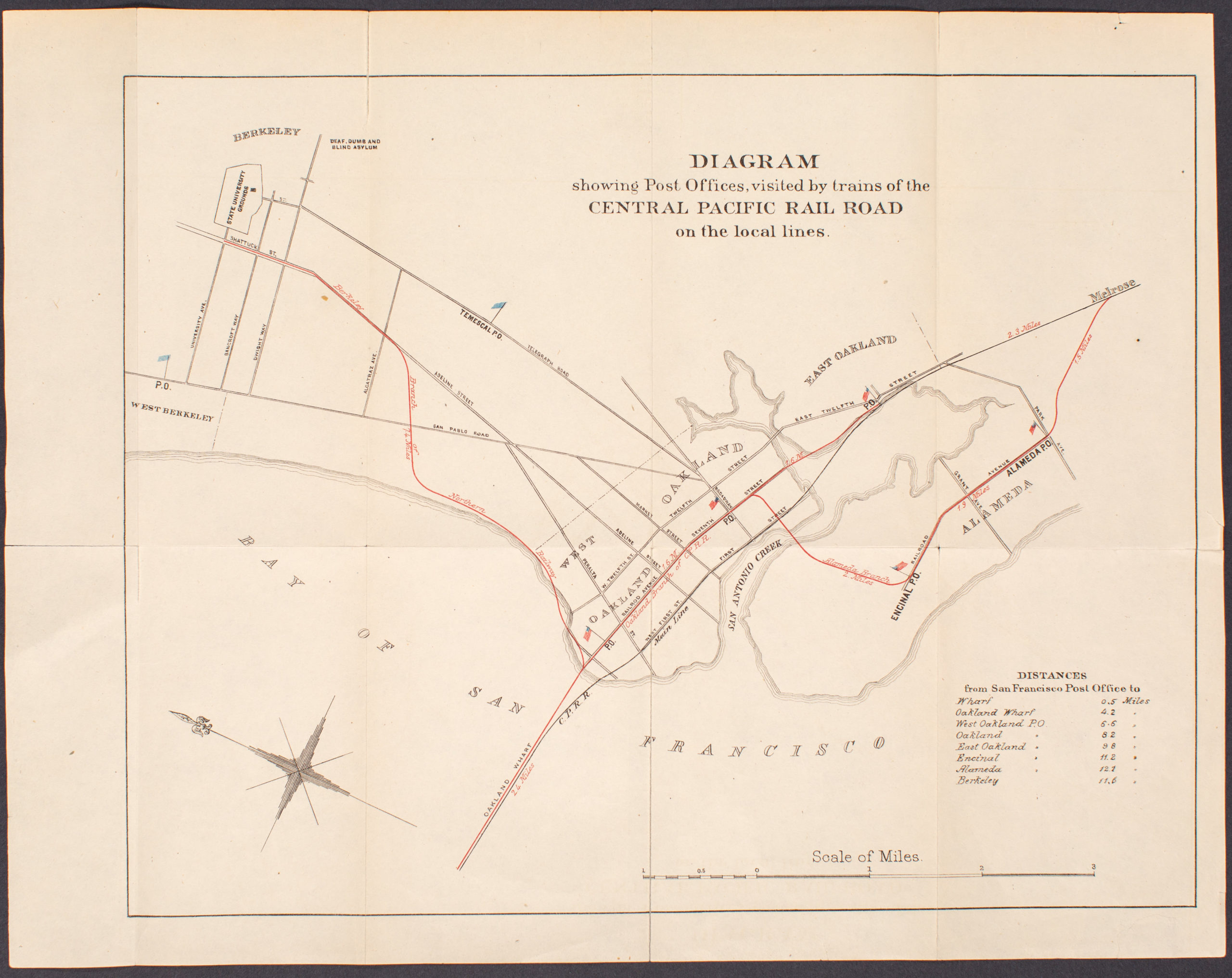 Diagram showing Post Offices, visited by trains of the Central Pacific Rail Road on the local lines