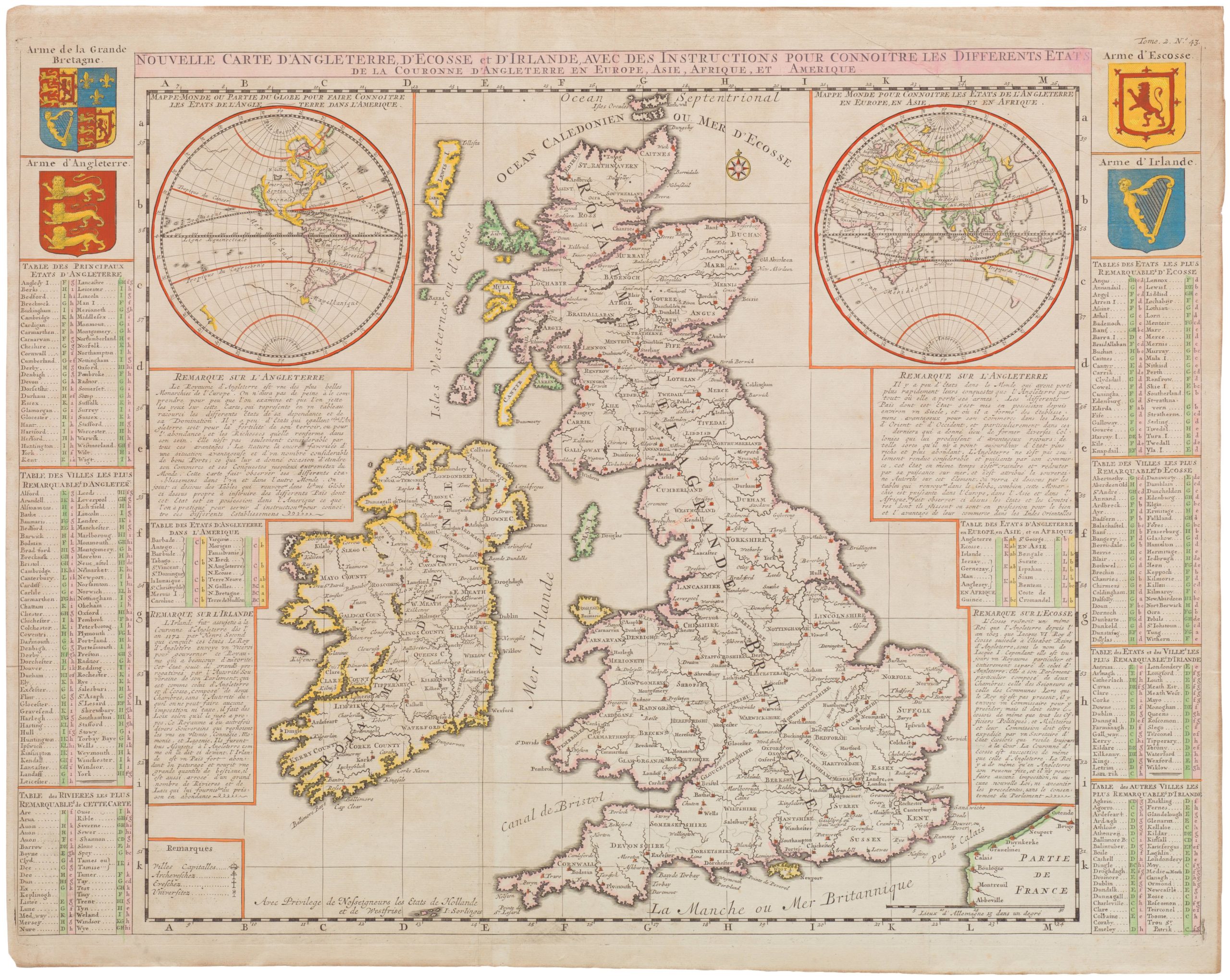 Nouvelle Carte d'Angleterre, d'Ecosse et d'Irlande, avec instructions pour connoitre les differents etats de la couronne d'Angleterre en Europe, Asie, Afrique, et Amerique