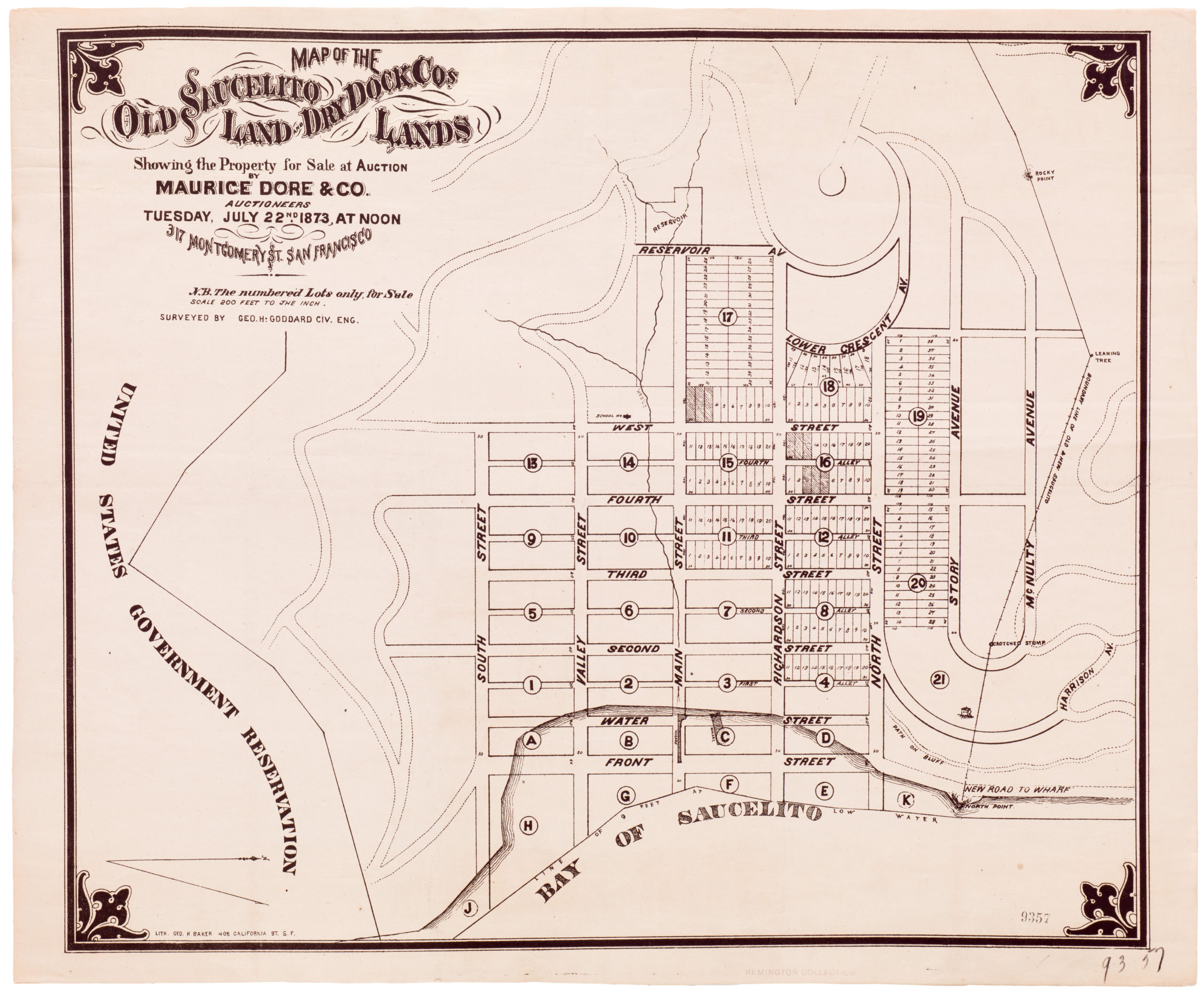 Map of the Old Saucelito Land and Dry Dock Co.'s Lands Showing the Property for Sale at Auction By Maurice Dore & Co. Auctioneers Tuesday July 22nd 1873