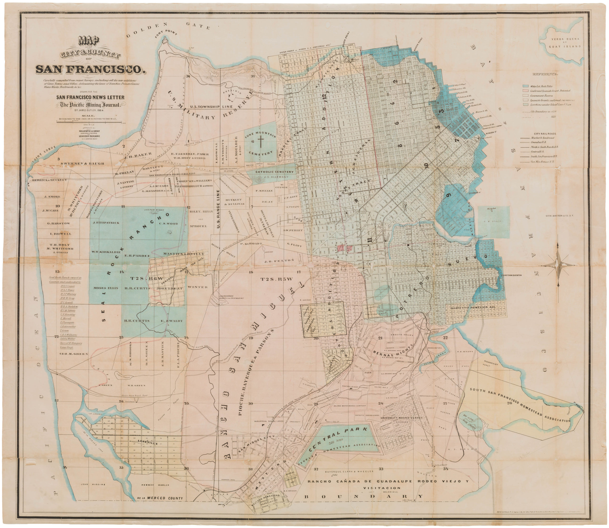 Map of the City and County of San Francisco. Carefully Compiled from recent surveys, including all the new additions of Cities, Towns, and Villas, delineating the lines of Ranchos, Private Claims, Water Works, Railroads, &c. &c. Drawn for the San Francisco News Letter and the Pacific Mining Journal