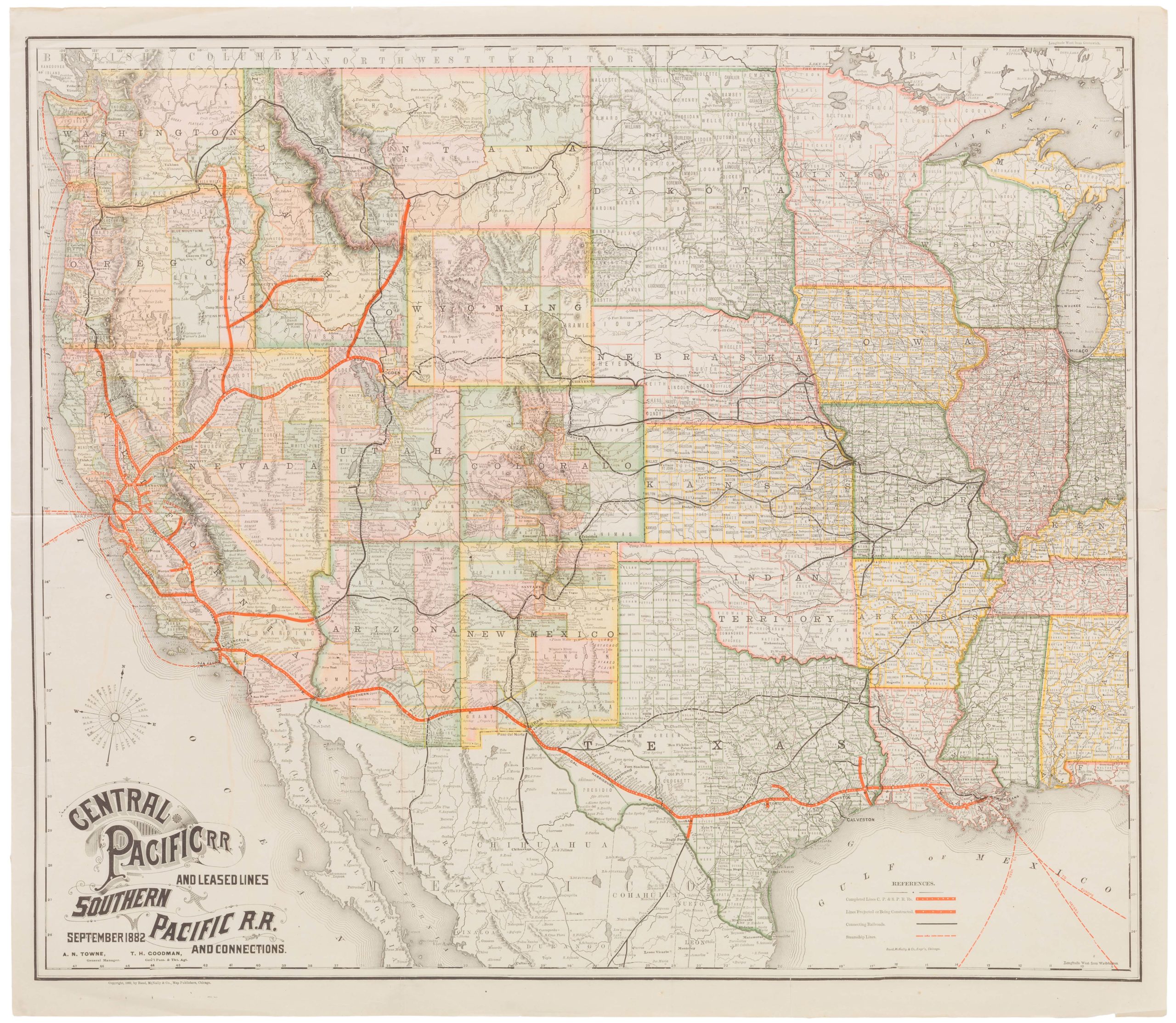 Central Pacific R.R. and Leased Lines; Southern Pacific R.R. and Connections. September 1882. A.N. Turner, General Manager. R.H. Goodman, Gen'l Pass. & Tkt. Agt.