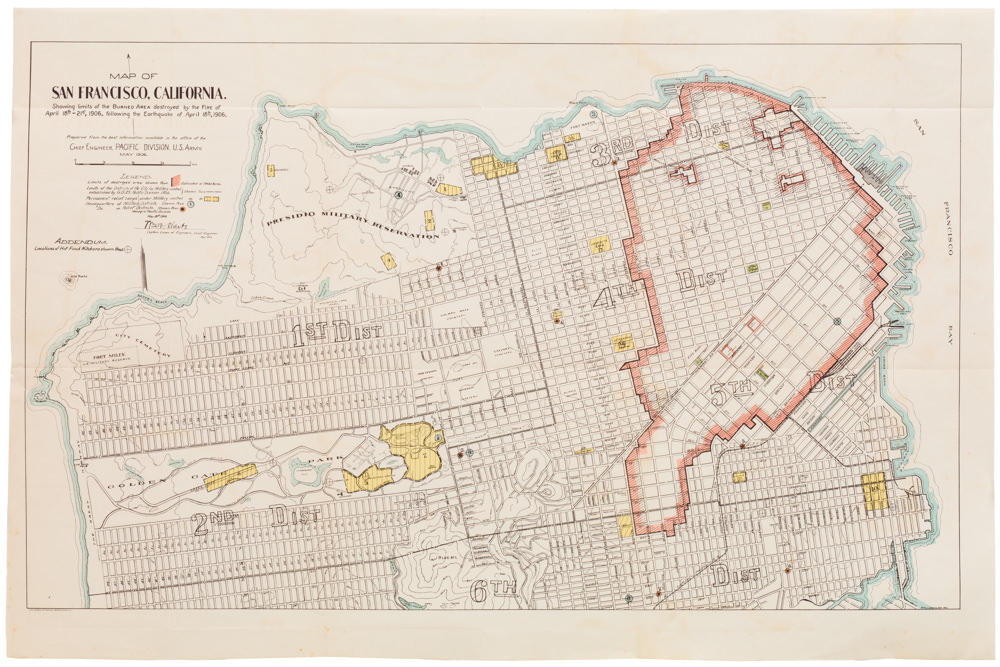 Map of San Francisco, California. Showing limits of the Burned Area destroyed by the Fire of April 18th-21st, 1906, following the Earthquake of April 18th, 1906