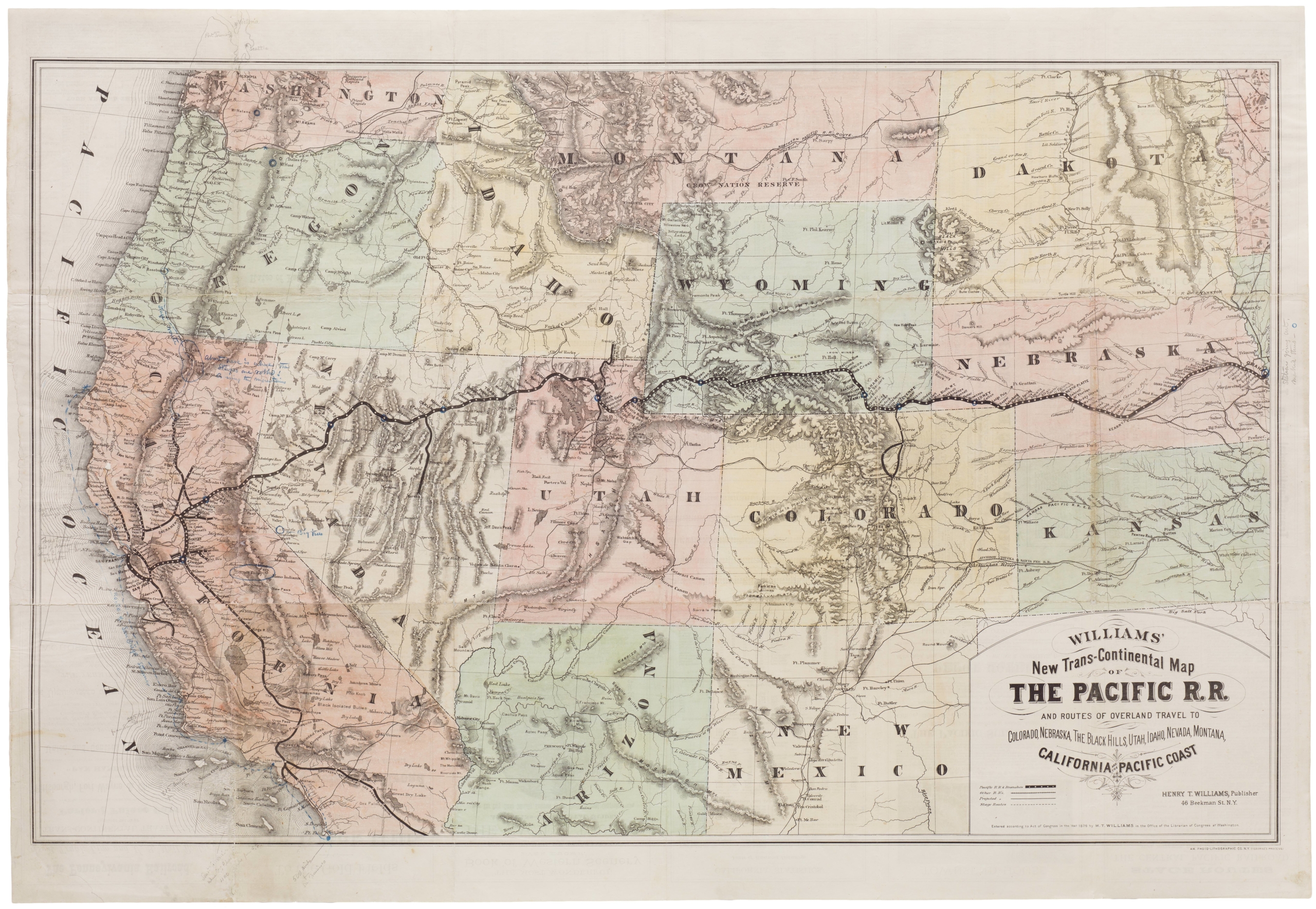 Williams New Trans-Continental Map of The Pacific R.R. and Routes of Overland Travel To Colorado, Nebraska, The Black Hills, Utah, Idaho, Nevada, Montana California and the Pacific Coast.