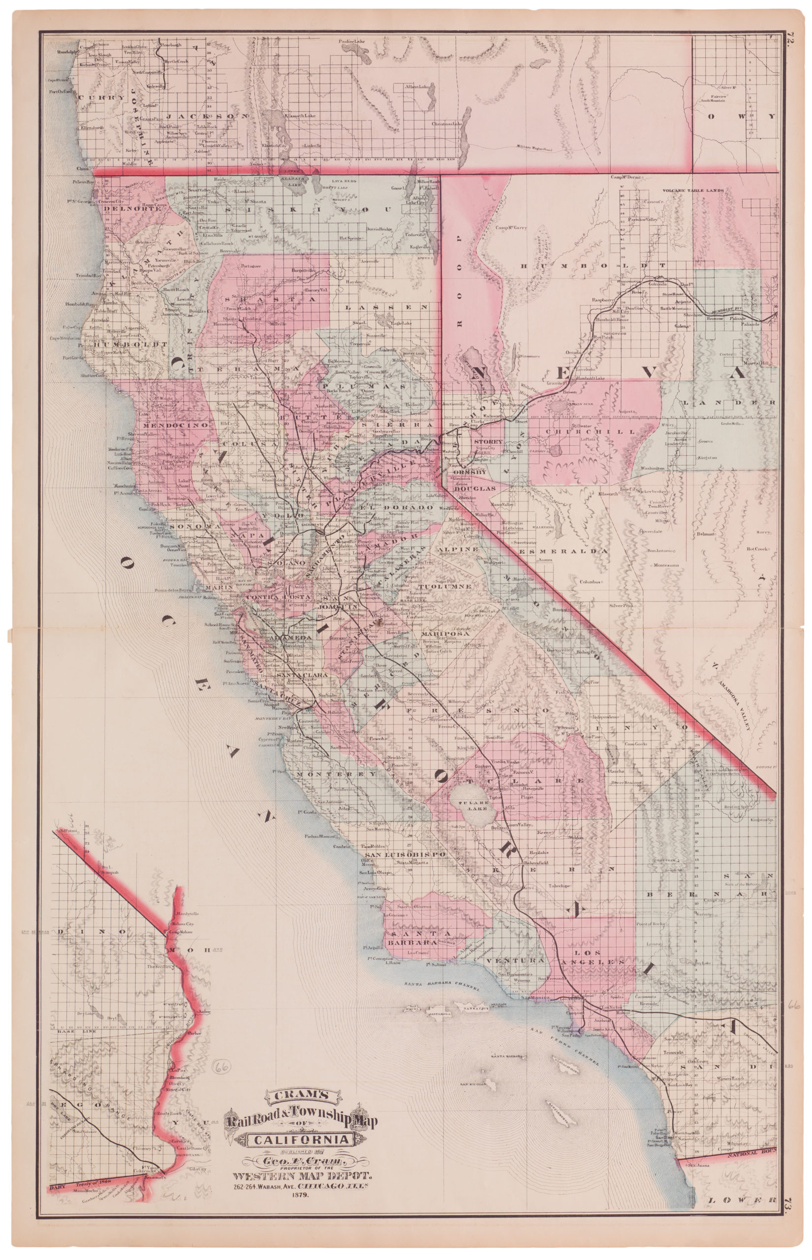 Cram's Railroad & Township Map of California