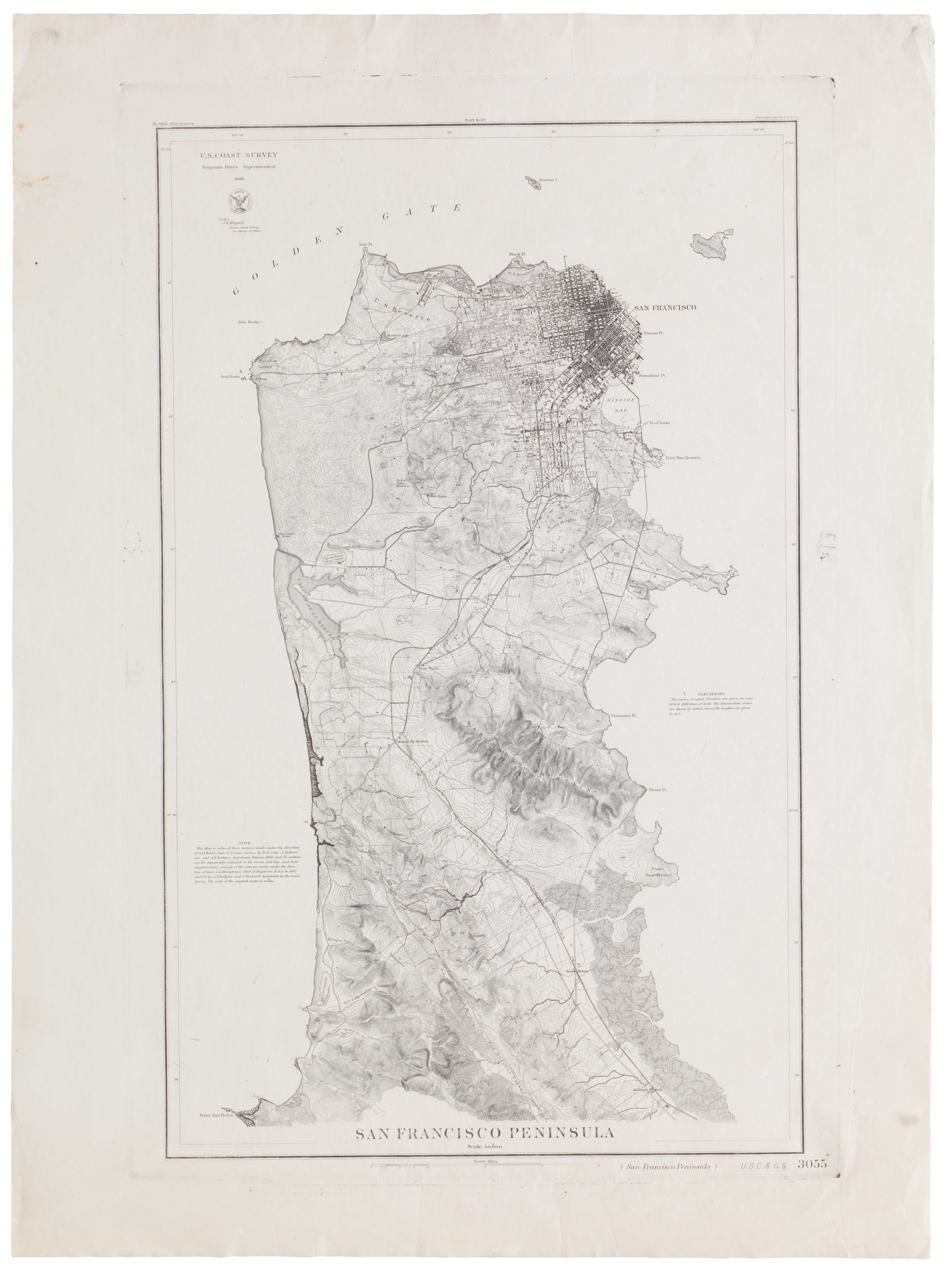 San Francisco Peninsula. U.S. Coast Survey. Benjamin Peirce, Superintendent. 1869. Price $1.50. Verified J.E. Hilgard. Assist Coast Survey. In Charge of Office.