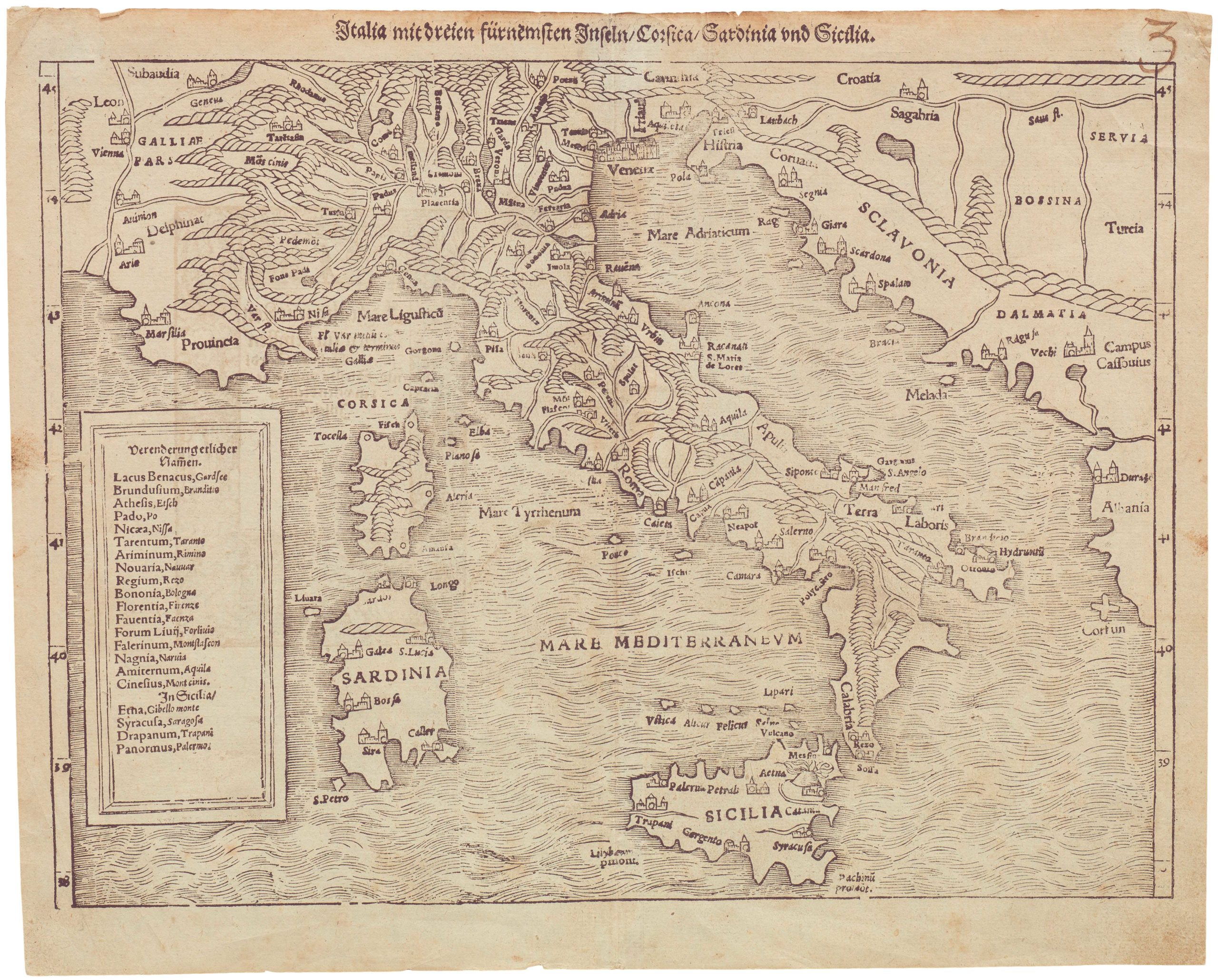 Italia mit dreien fürnemsten Inseln / Corsika / Sardinia und Sicilia