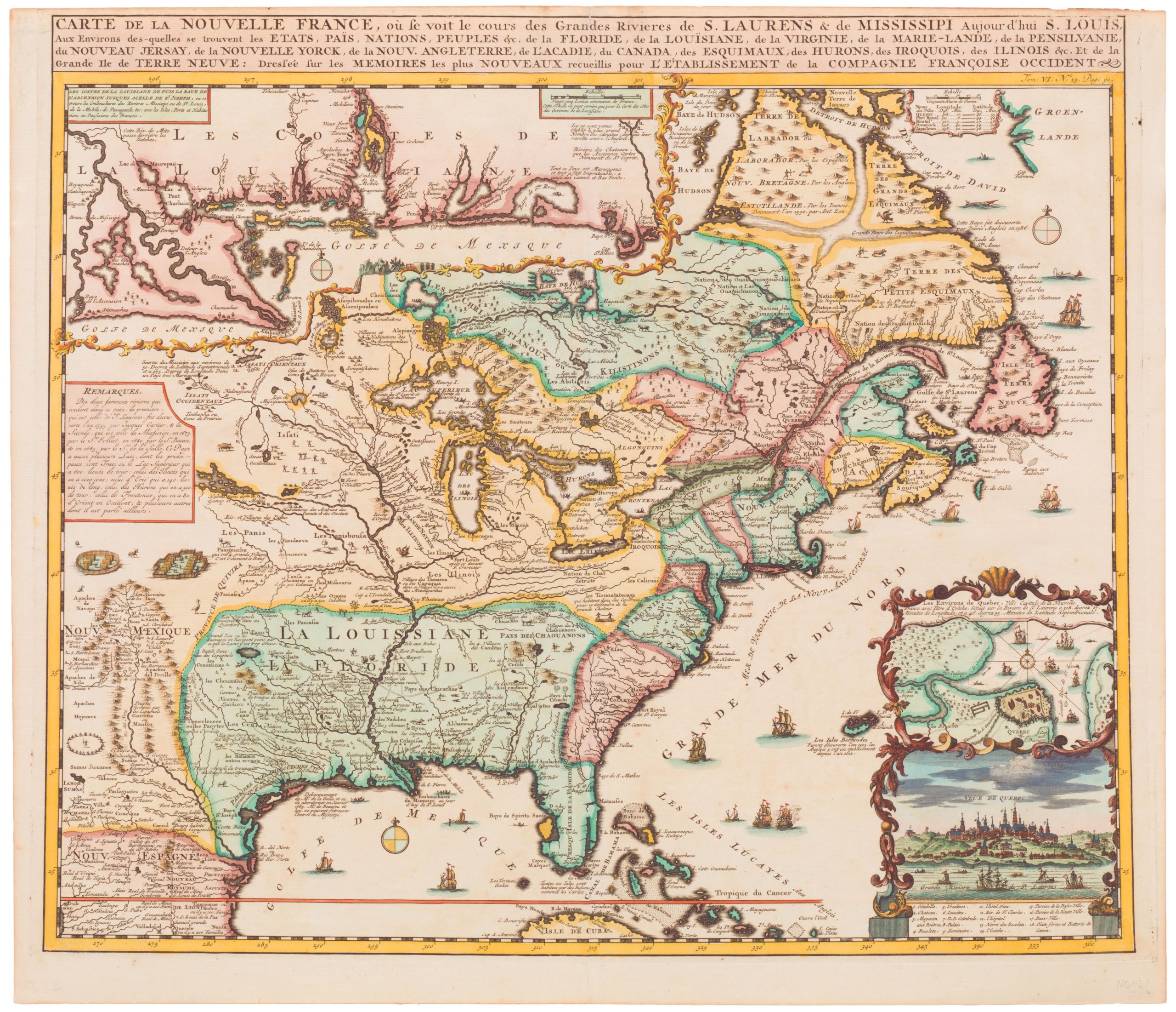 Carte de la Nouvelle France, ou se voit le Cours des Grandes Rivieres de S. Laurens & de Mississipi Aujour d'hui S. Louis, aux Environs des Quelles se Trouvent les Etats, Pais, Nations, Peuples &c...