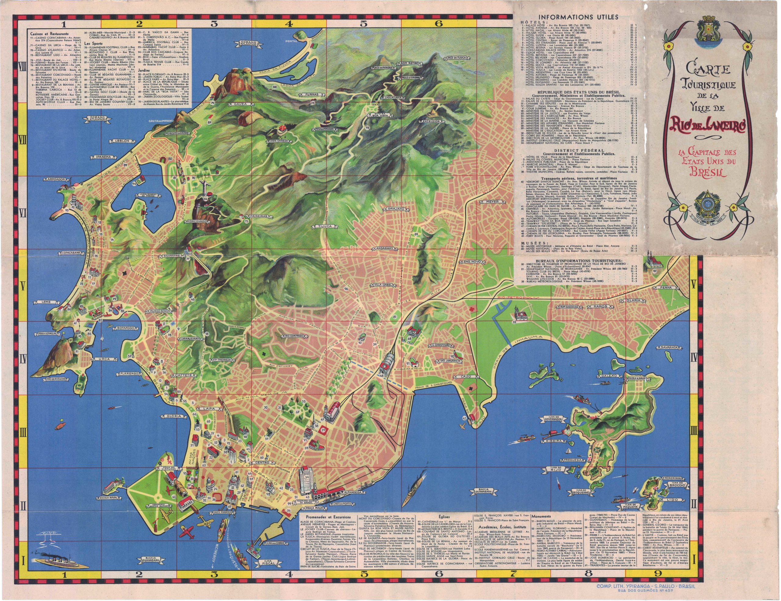 Carte Touristique de la ville de Rio de Janeiro. La Capitale des Etats Unis du Brasil