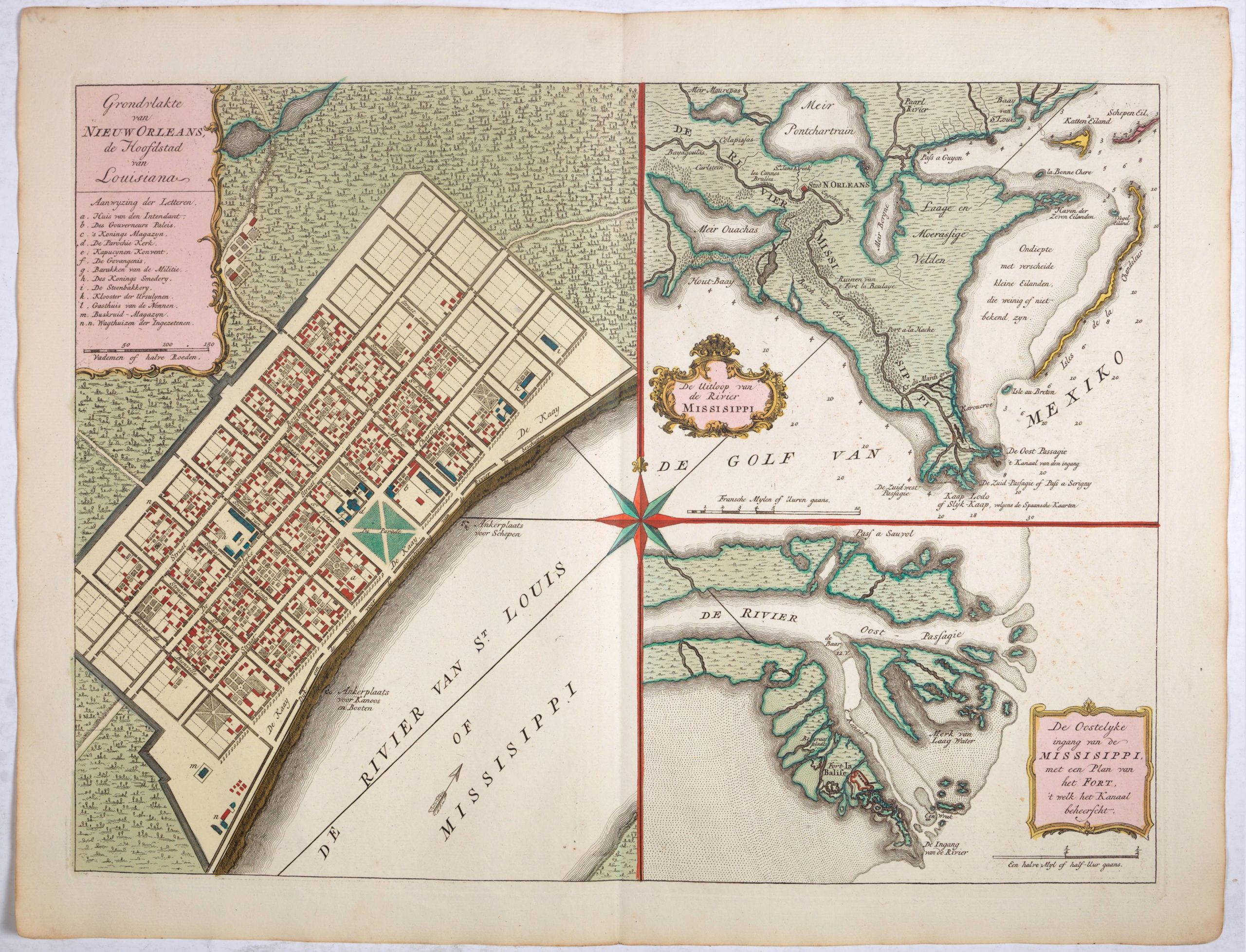 Grondvlakte van Nieuw Orleans, de Hoofdstad van Louisiana [with] De Uitloop vande Rivier Missisippi [and] De Oostelyke ingang van de Missisippi met een Plan van het Fort