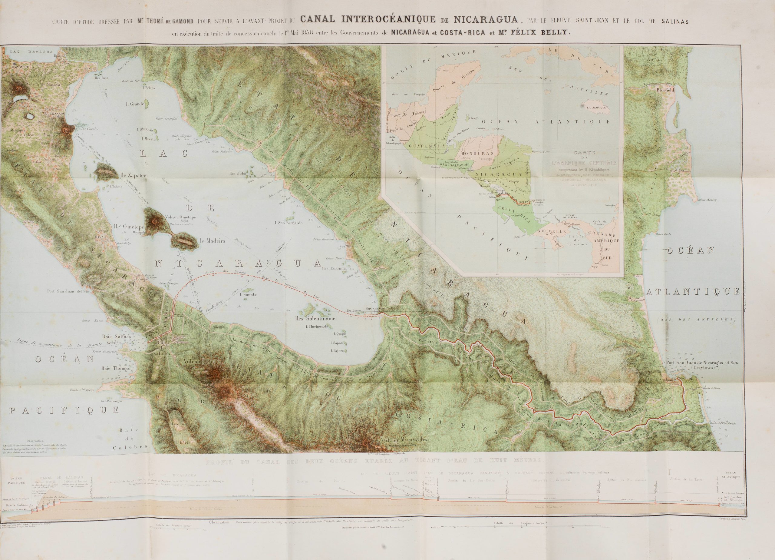 Carte d’étude pour le tracé et le profil du canal de Nicaragua par M. Thomé de Gamond, ingénieur civil, précédée de documents publiés sur cette question par Félix Belly