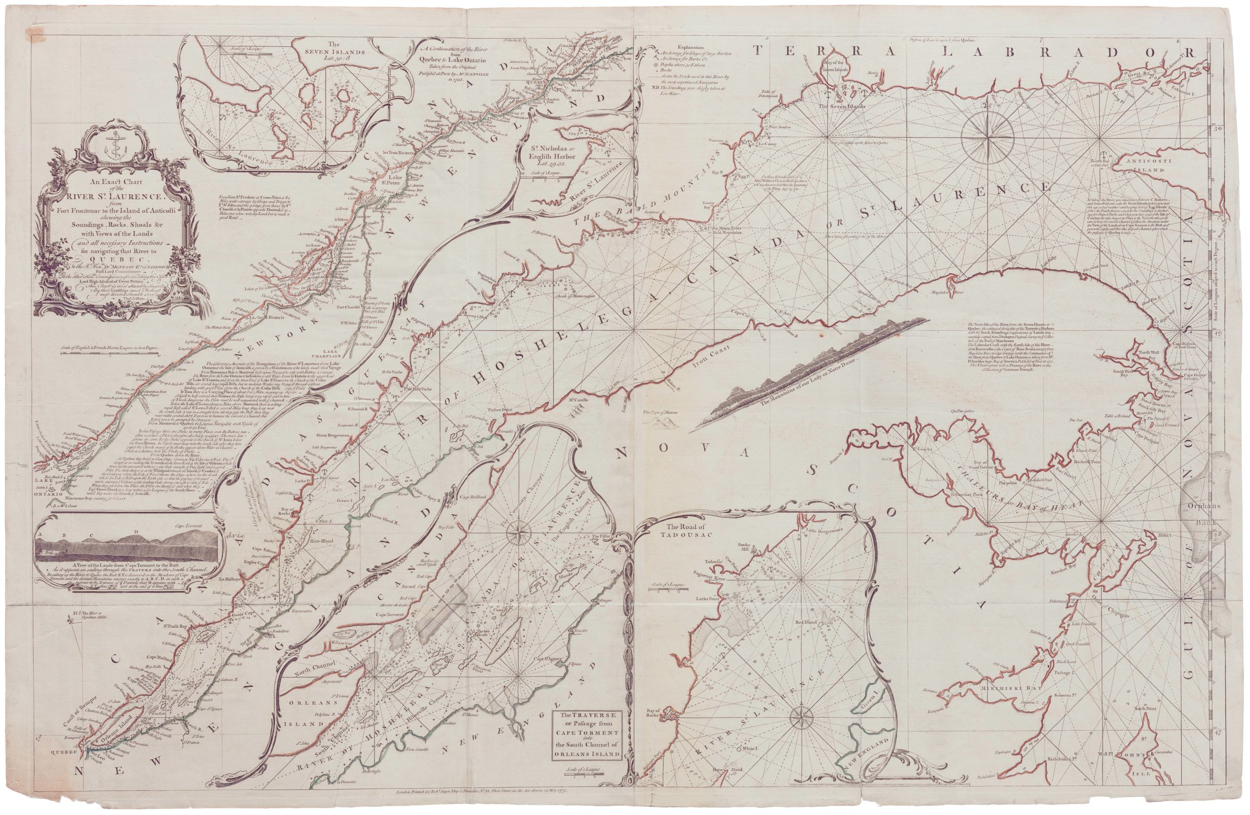 An Exact Chart of the River St. Laurence, from Fort Frontenac to the Island of Anticosti shewing the Soundings, Rocks, Shoals &c with Views of the Lands and all necessary Instructions for navigating that River to Quebec...1775