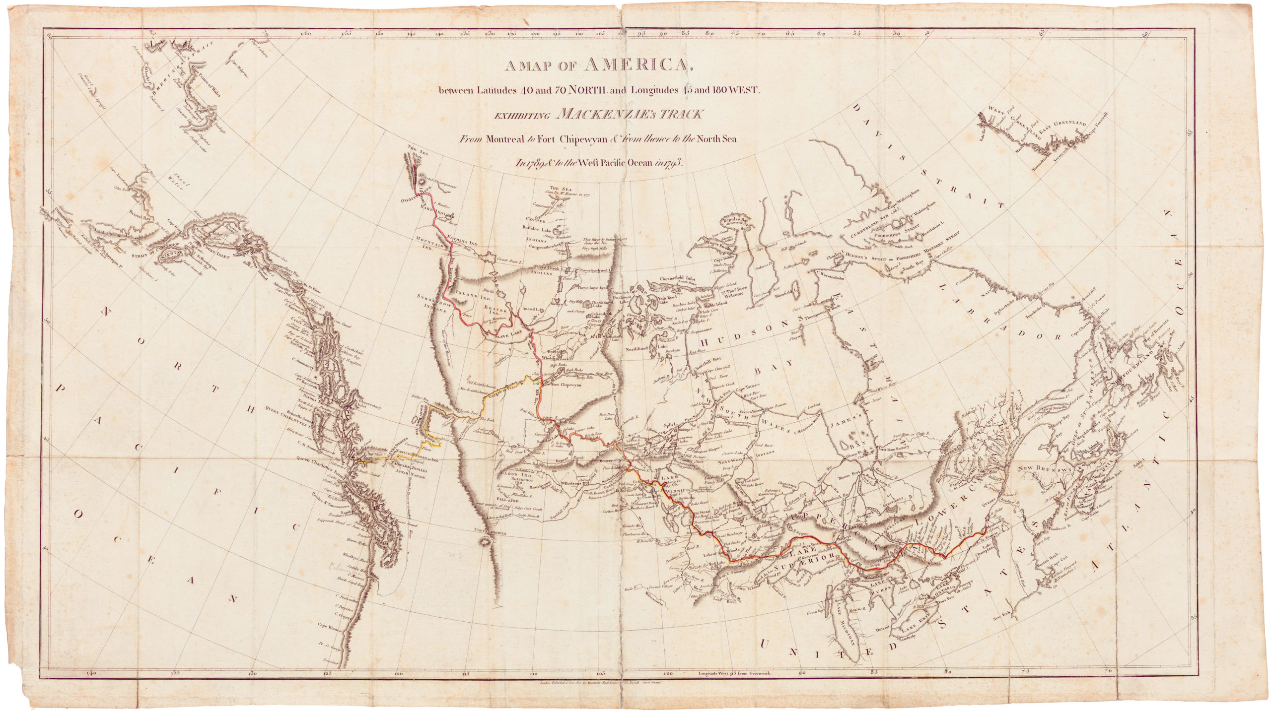 A Map of America, between Latitudes 40 and 70 North, and Longitudes 45 and 180 West, Exhibiting Mackenzie’s Track from Montreal to Fort Chipewyan & from thence onto the North Sea in 1789, & to the West Pacific Ocean in 1793