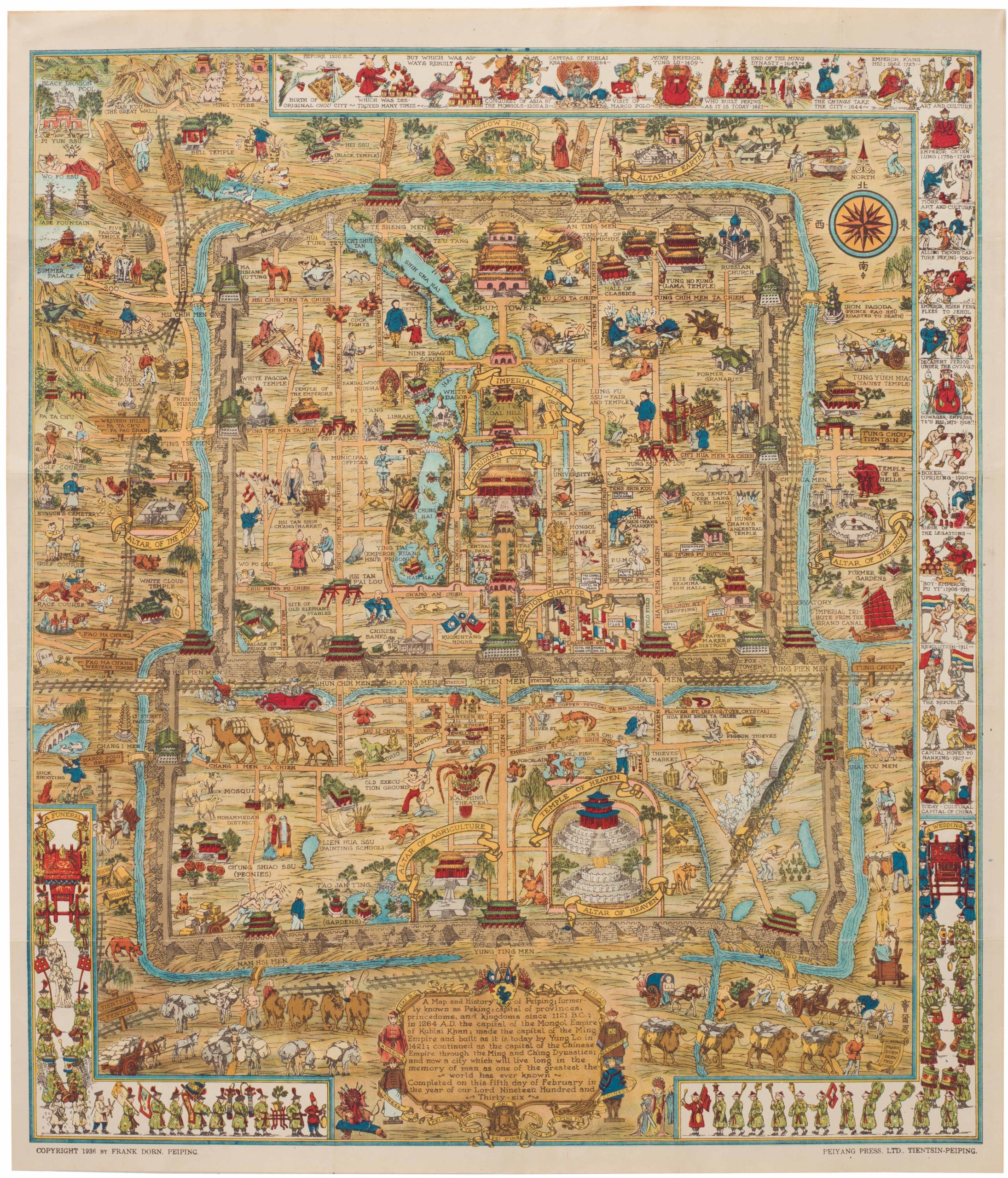 A Map and History of Peiping; formerly known as Peking; capital of provinces, princedoms and kingdoms since 1121 B.C.; in 1264 A.D. the capital of the Mongol Empire of Kublai Khan; made the capital of the Ming Empire through the Ming and Ching Dynasties...