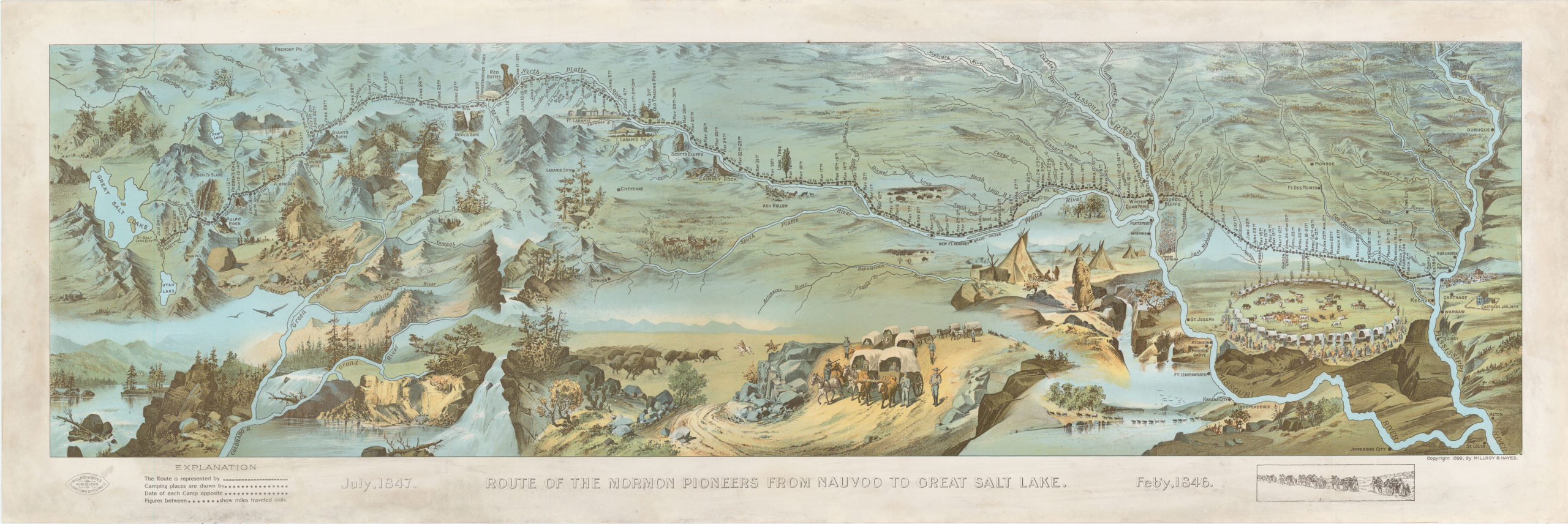 Route of the Mormon Pioneers from Nauvoo to Great Salt Lake.