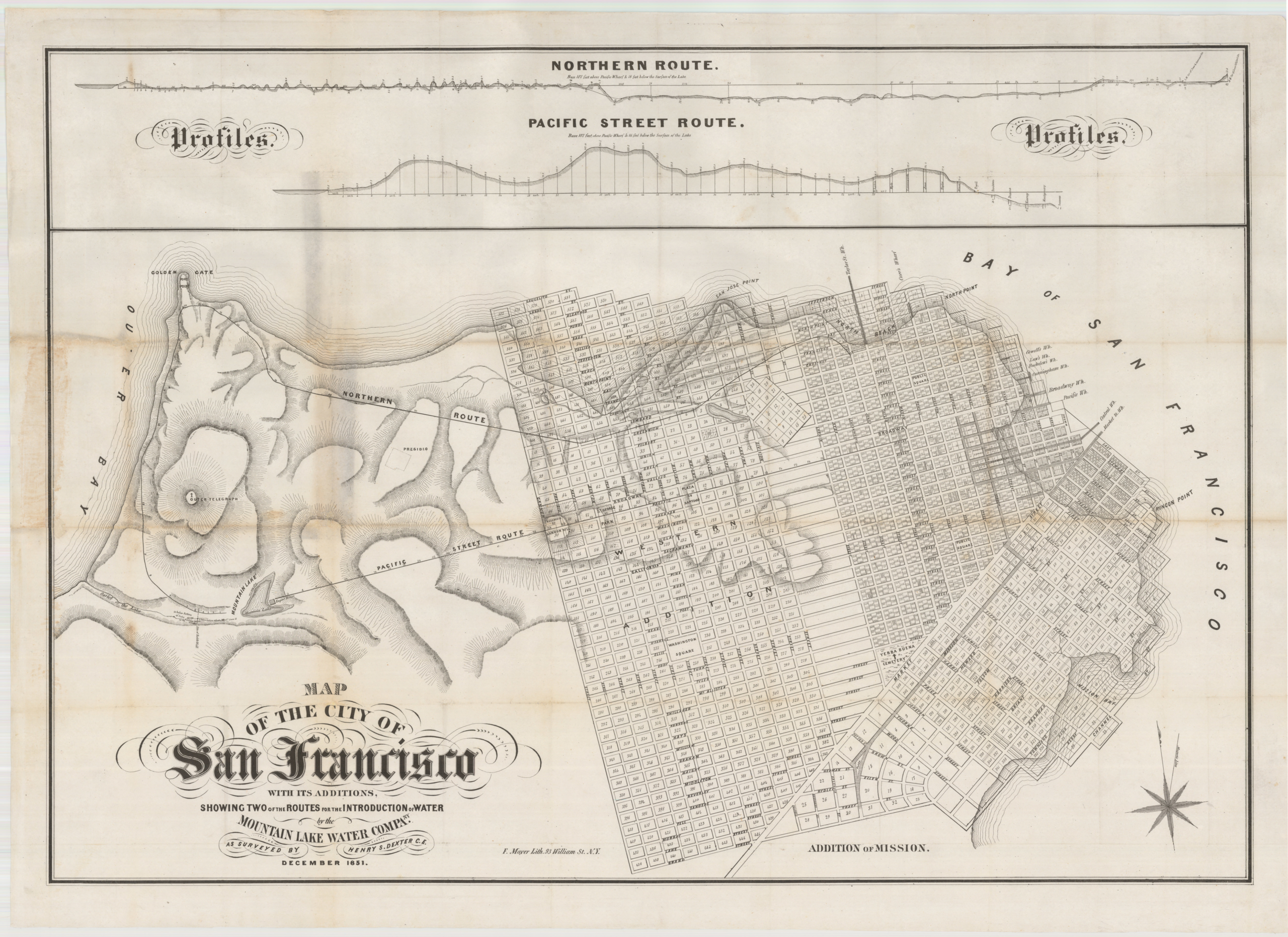 Map of the City of San Francisco with its additions, Showing Two of the Routes for the Introduction of Water by the Mountain Lake Water Company. As Surveyed By Henry S. Dexter C. E. December 1851