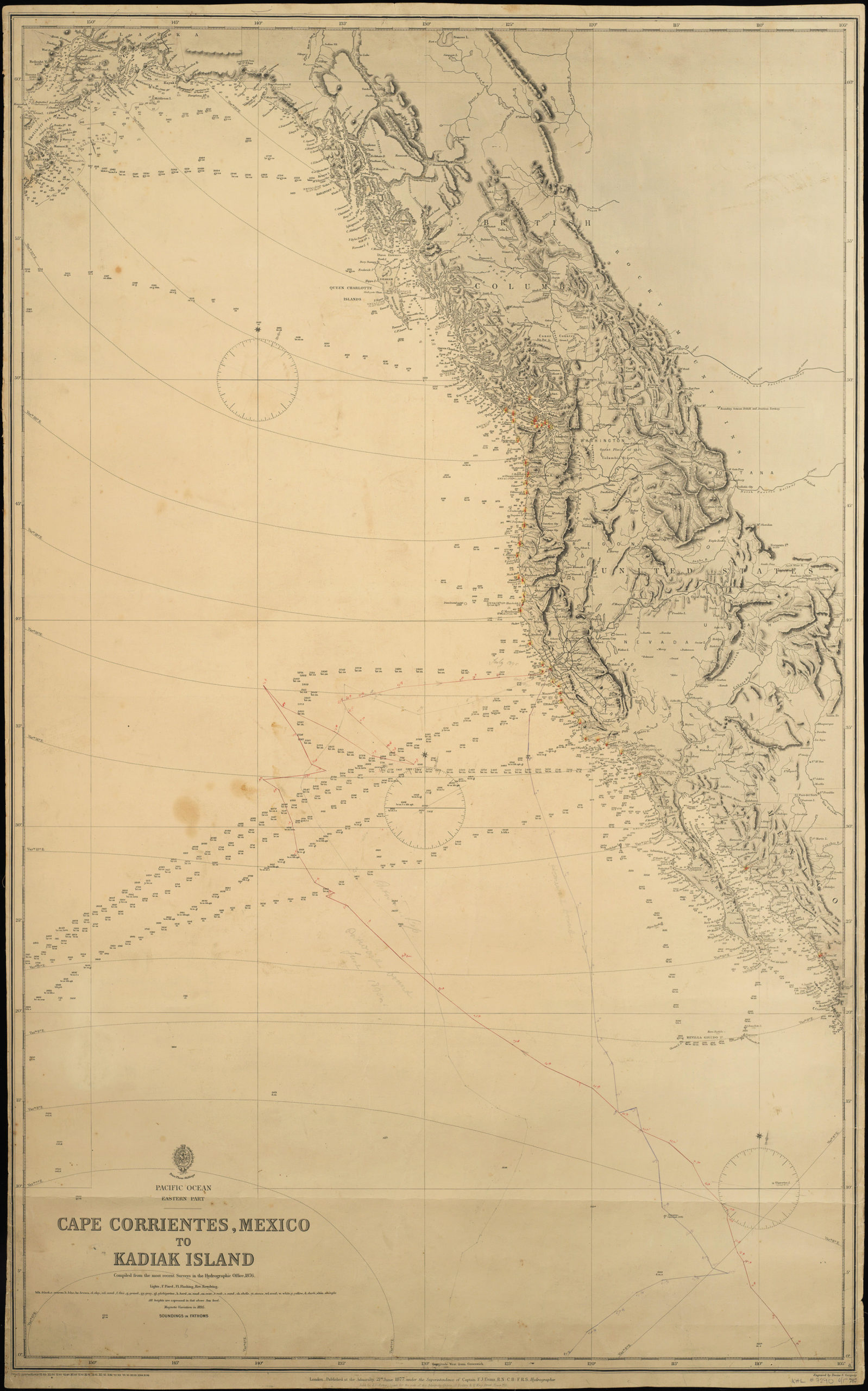 Pacific Ocean. Eastern Part. Cape Corrientes, Mexico to Kadiak Island. Compiled from the most recent Surveys in the Hydrographical Office. 1876. London, 21 June 1877