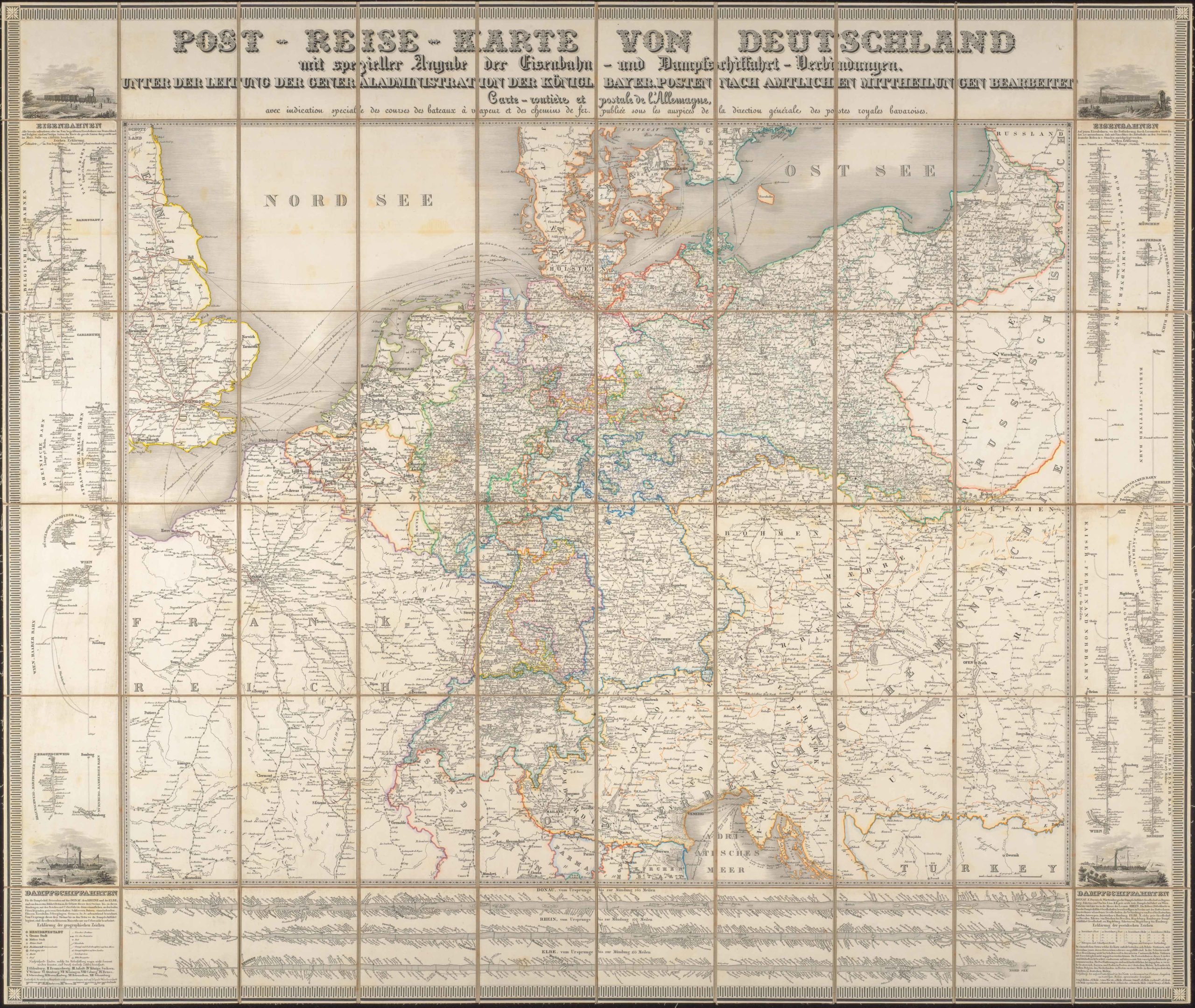 Post-Reise-Karte von Deutschland mit spezieller Angabe der Eisenbahn- und Dampfschiffahrt-Verbindungen, unter der Leitung der Generaladministration der Königl. Bayer. Posten nach amtlichen Mittheilungen bearbeitet. Carte routi'ere et postale de l'Allemagne.