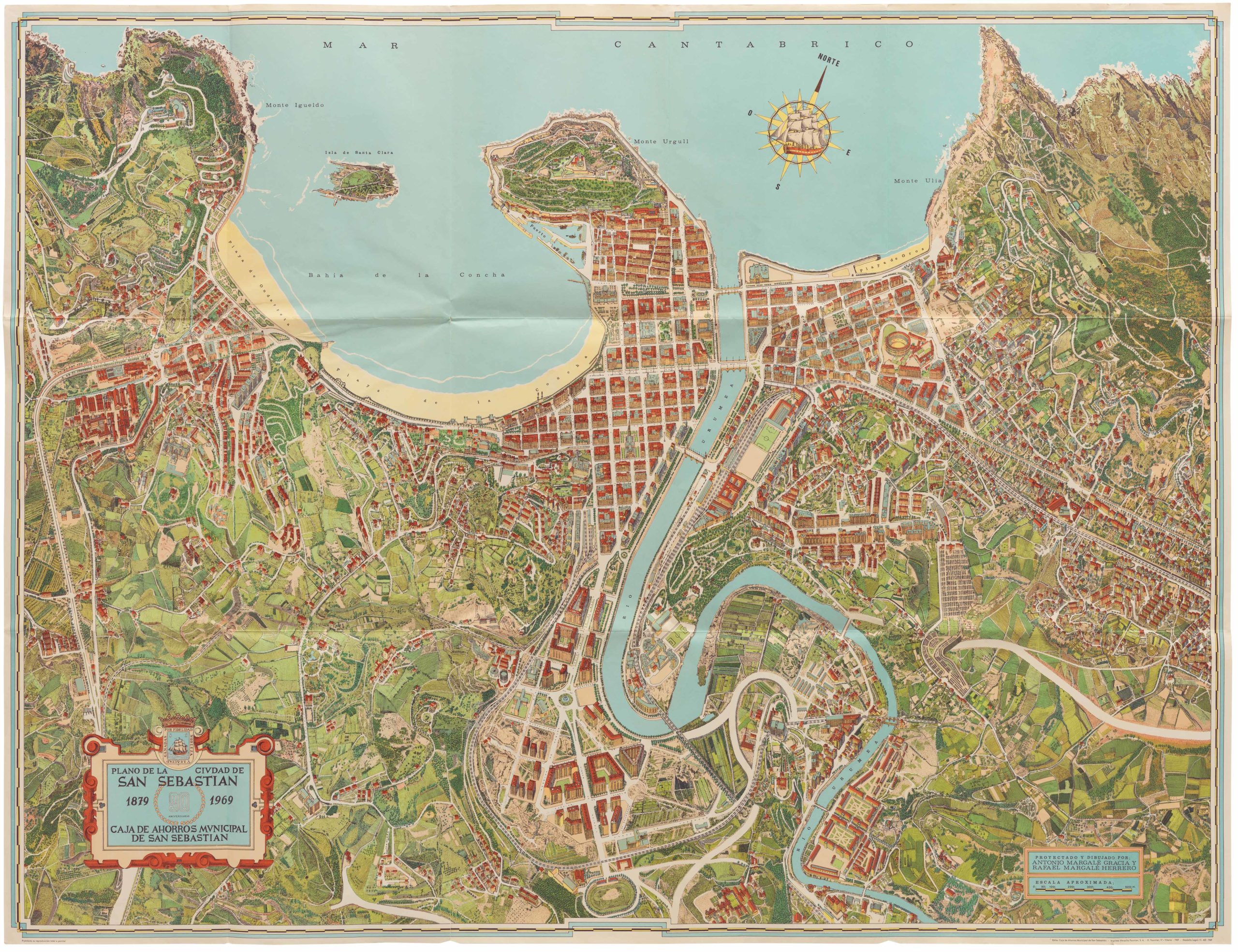 Plano de la Ciudad de San Sebastian. 90 Aniversario 1879-1969. Caja de Ahorros Municipal de San Sebastian