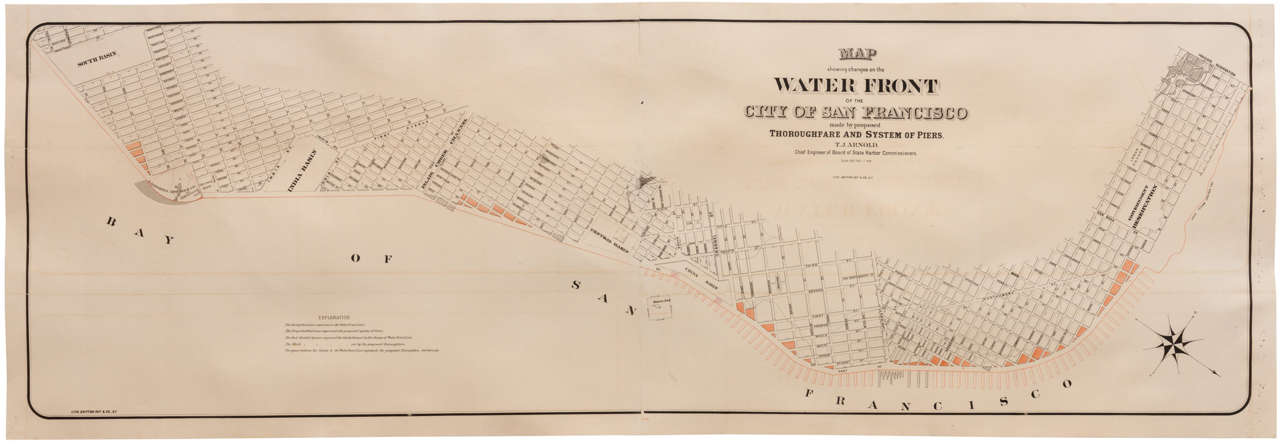 Map showing changes on the Water Front of the City and County of San Francisco made by proposed Thoroughfare and System of Piers. T. J. Arnold. Chief Engineer of Board of State Harbor Commissioners.