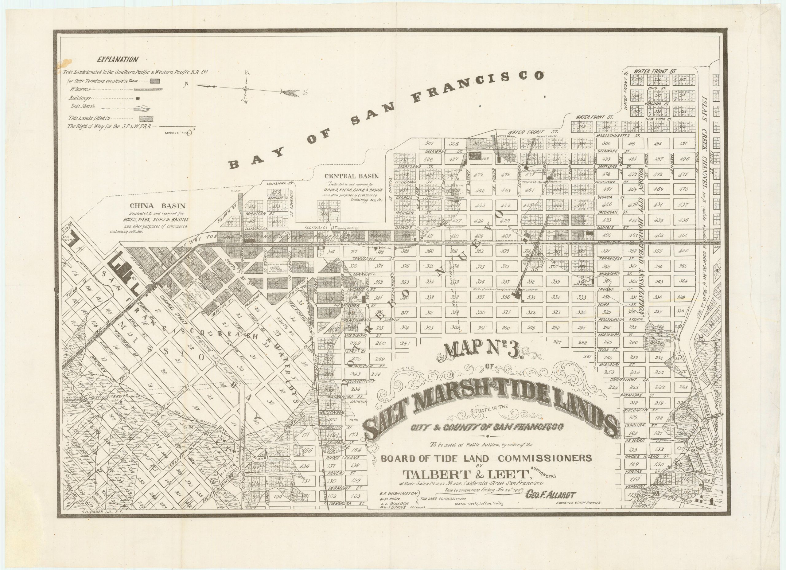 Map no. 3. Salt marsh and tide lands situate in the city and county of San Francisco. To be sold at public auction by order of the Board of Tide Land Commissioners by Talbert & Leet, auctioneers, at their sales rooms no. 526 California Street, San Francisco. Sale to commence Friday Nov. 26th, 1869.