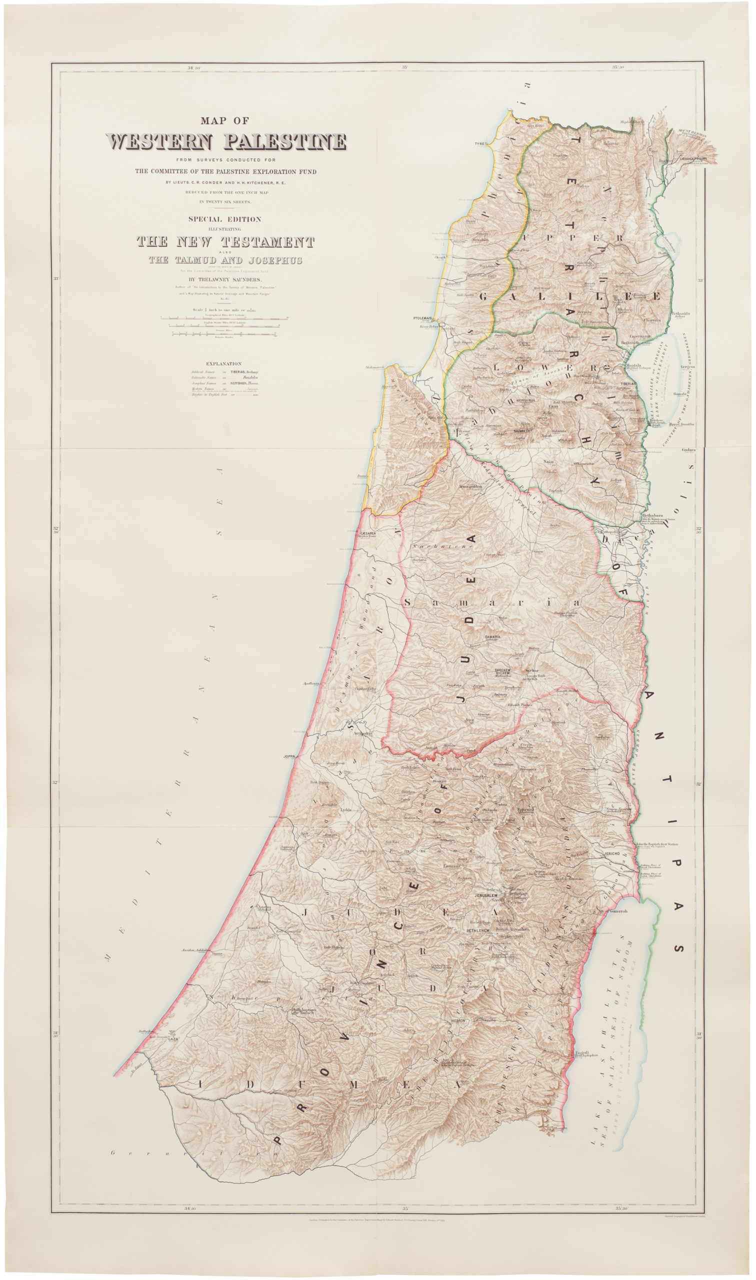 Map of Western Palestine from surveys conducted for The Committee of the Palestine Exploration Fund. By Lieuts. C. R. Conder and H. H. Kitchener, R. E. Reduced from the one inch map in twenty six sheets. Special Edition Illustrating The New Testament also The Talmud and Josephus (after the birth of Jesus)…