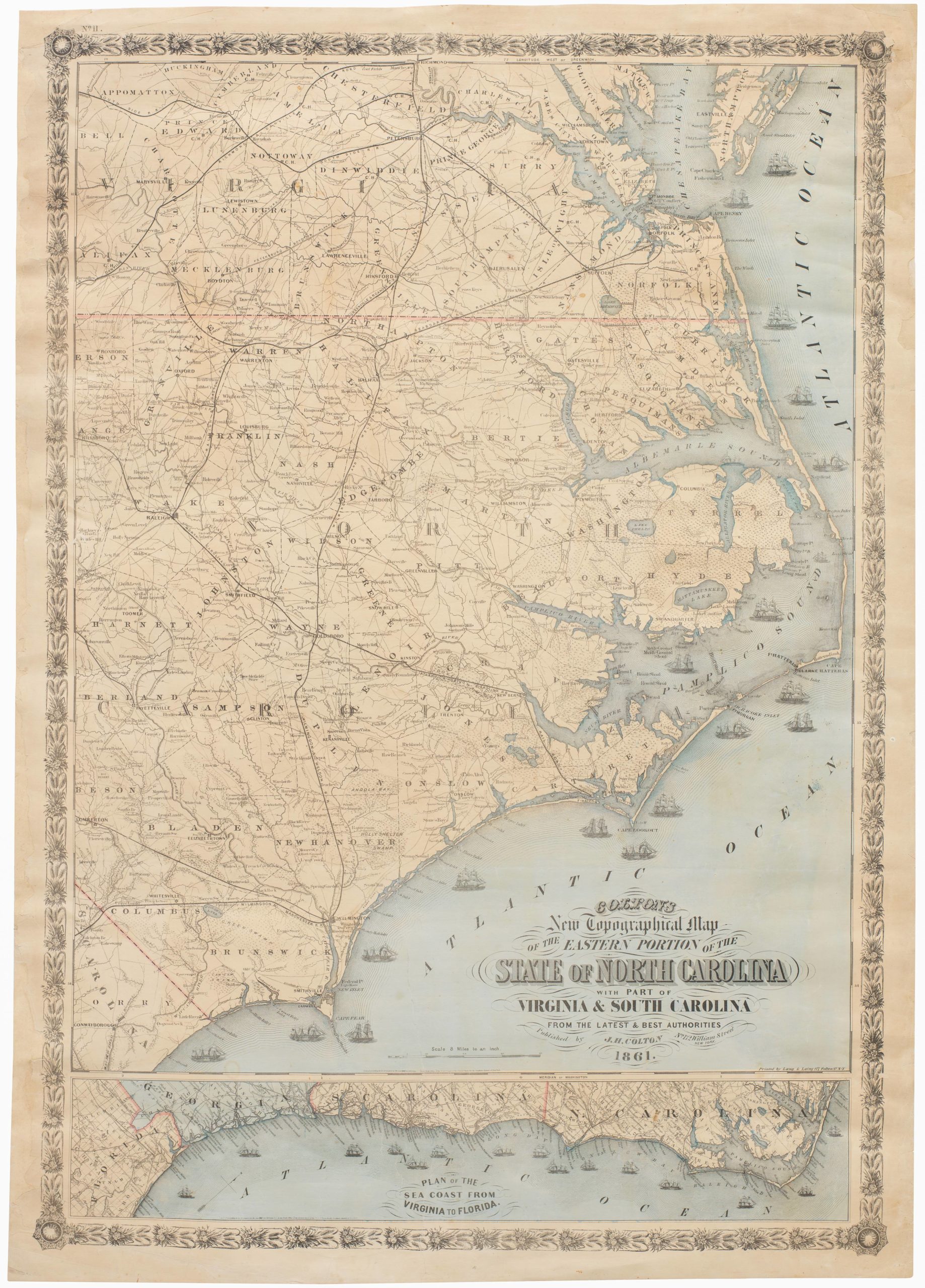 Colton's New Topographical Map of the Eastern Portion of the State of North Carolina with Part of Virginia and South Carolina from the latest and best authorities.