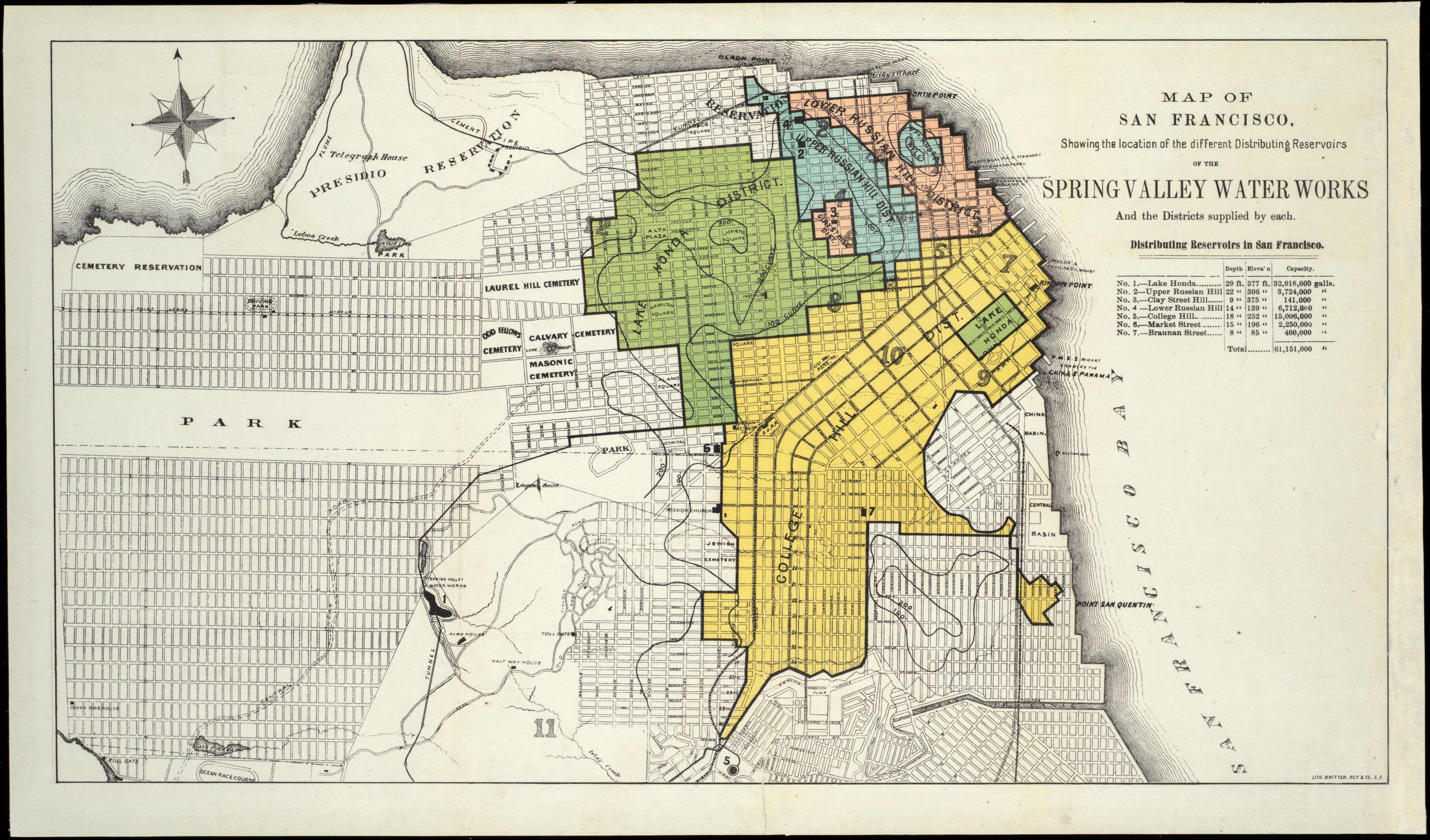 Map of San Francisco, Showing the location of the different Distributing Reservoirs of The Spring Valley Water Works And the Districts supplied by each.