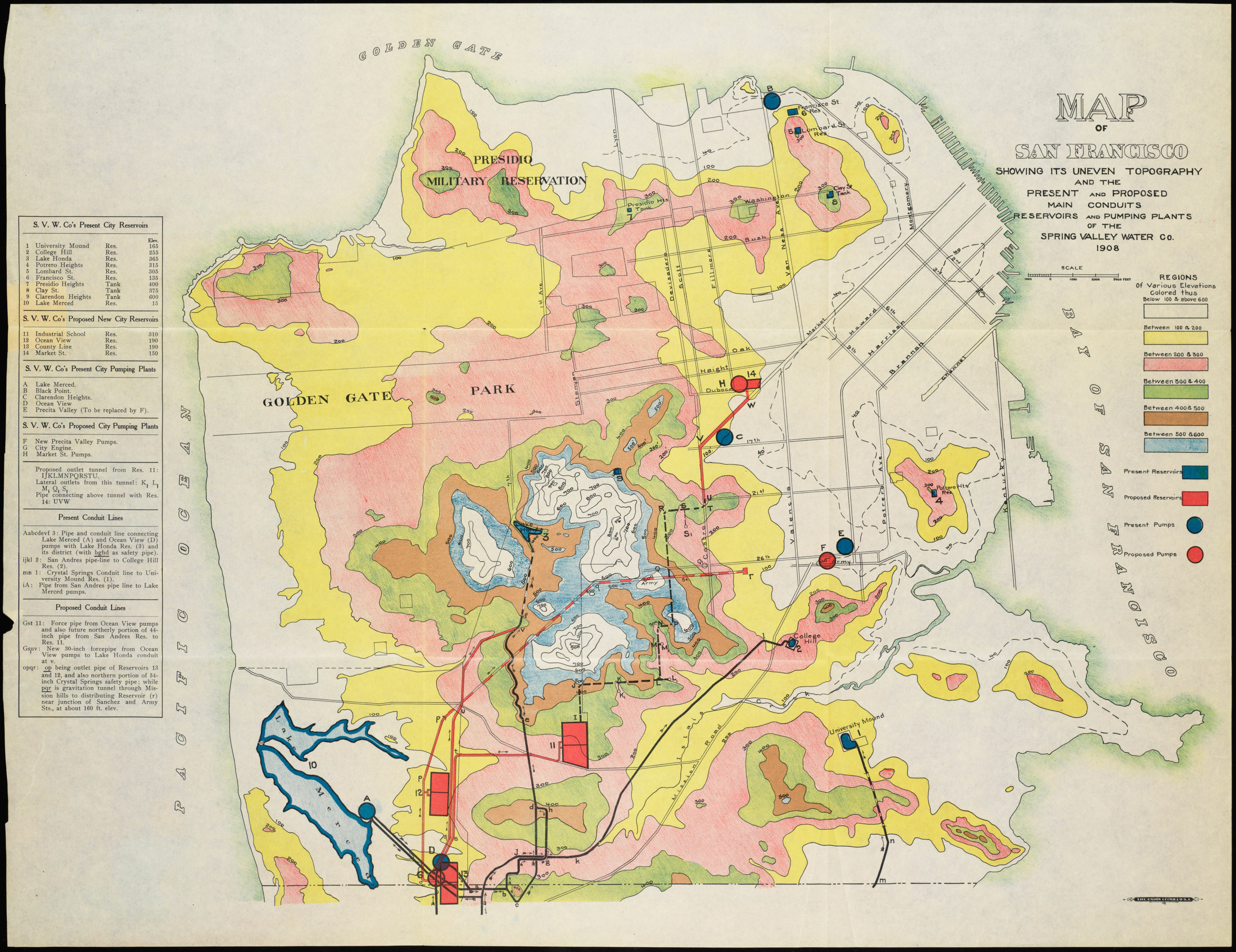 Map of San Francisco showing its uneven topography and the present and proposed main conduits reservoirs and pumping plants of the Spring Valley Water Co.