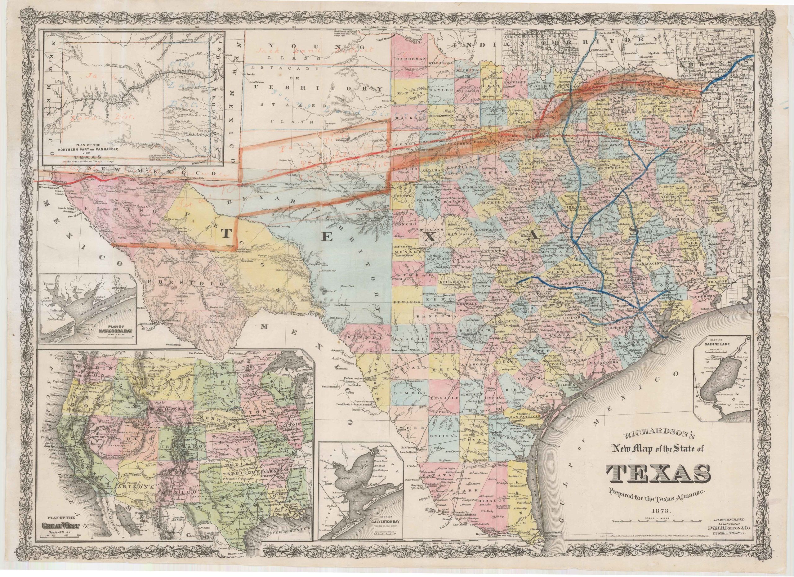 Richardson's New Map of the State of Texas Including Part of Mexico Compiled From Government Surveys and Other Authentic Documents...1873