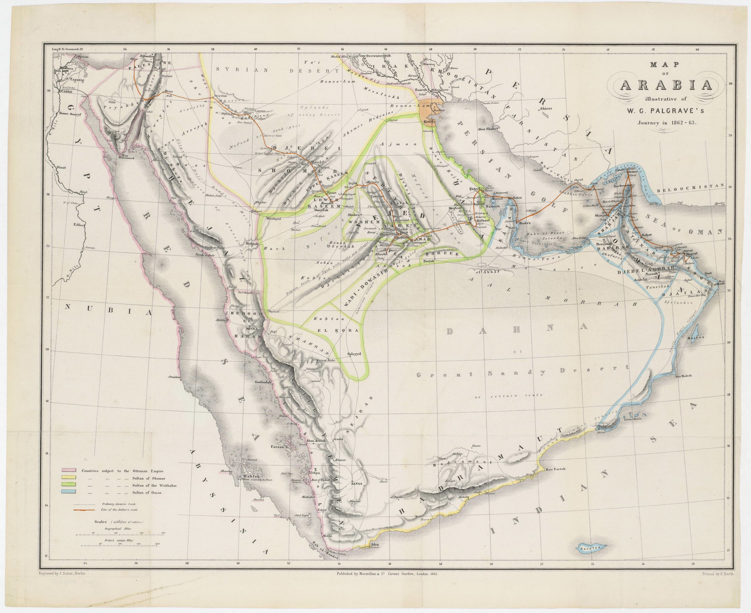 Map of Arabia illustrative of W.G. Palgrave's Journey in 1862-63