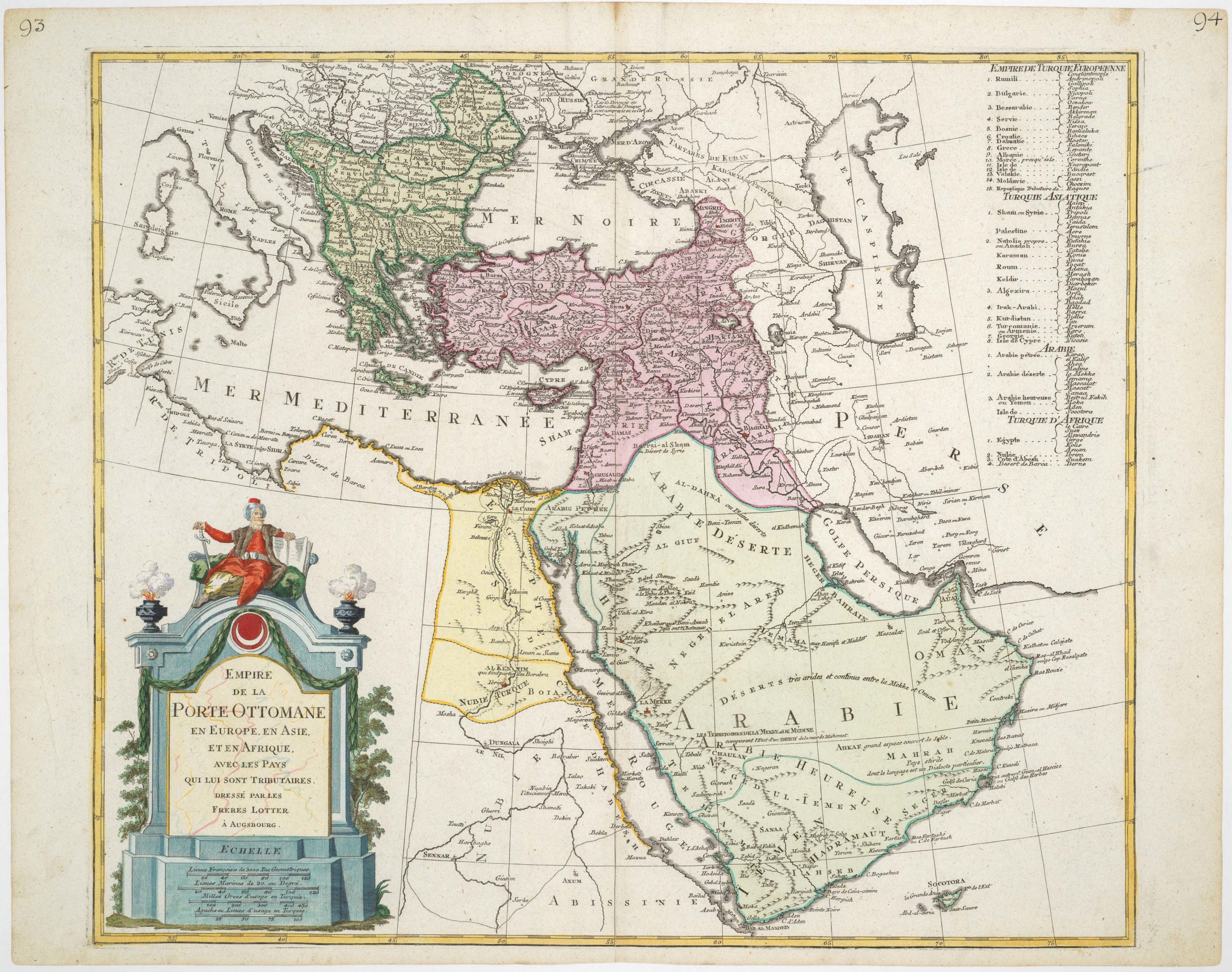 Empire de la porte Ottomane en Europe, en Asie, et en Afrique avec les pays qui lui sont tributaires, dressé par les freres Lotter