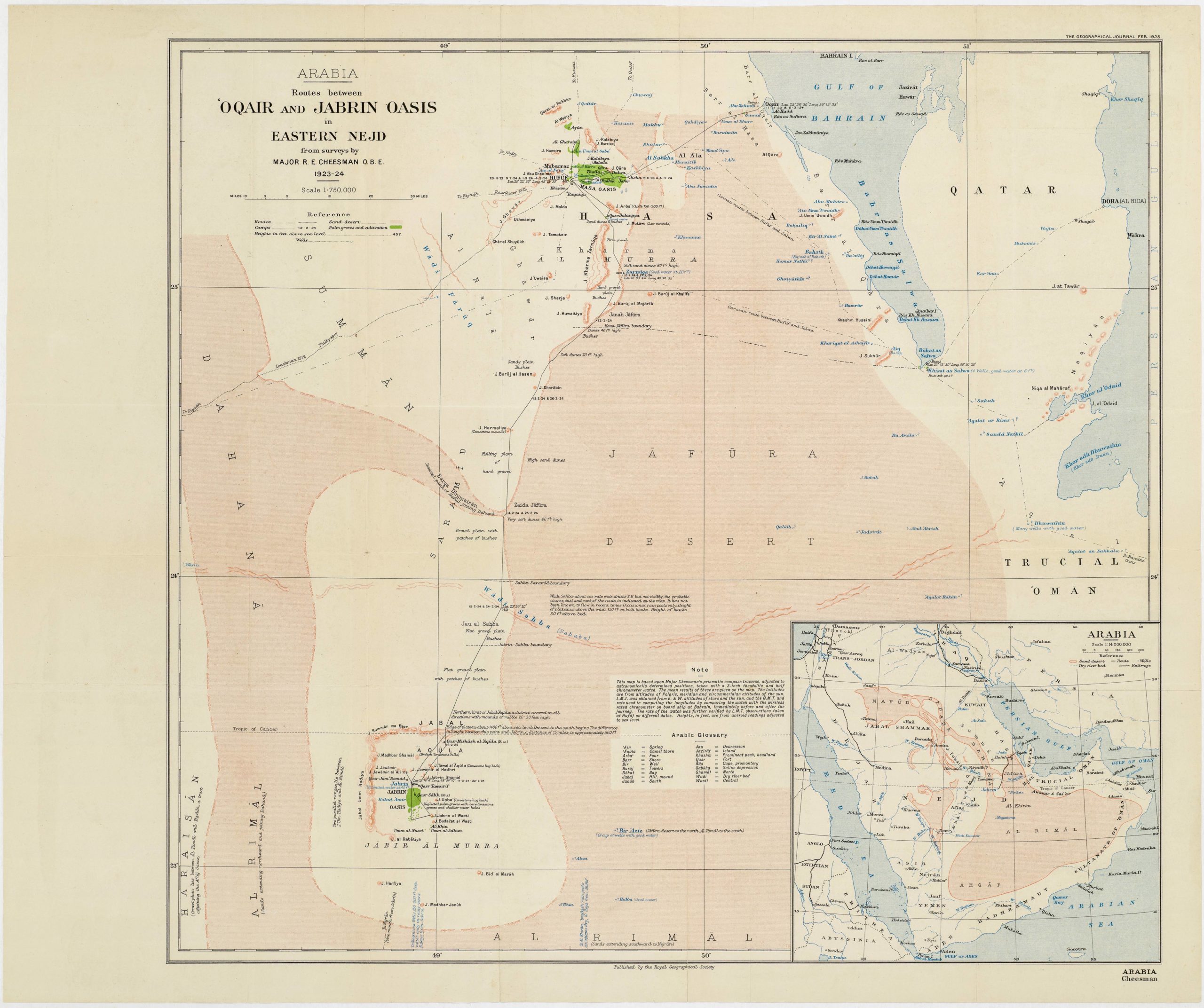 Routes between 'Oqair and Jabrin Oasis in Eastern Nejd from surveys by Major R.E. Cheesman O.B.E. 1923-24