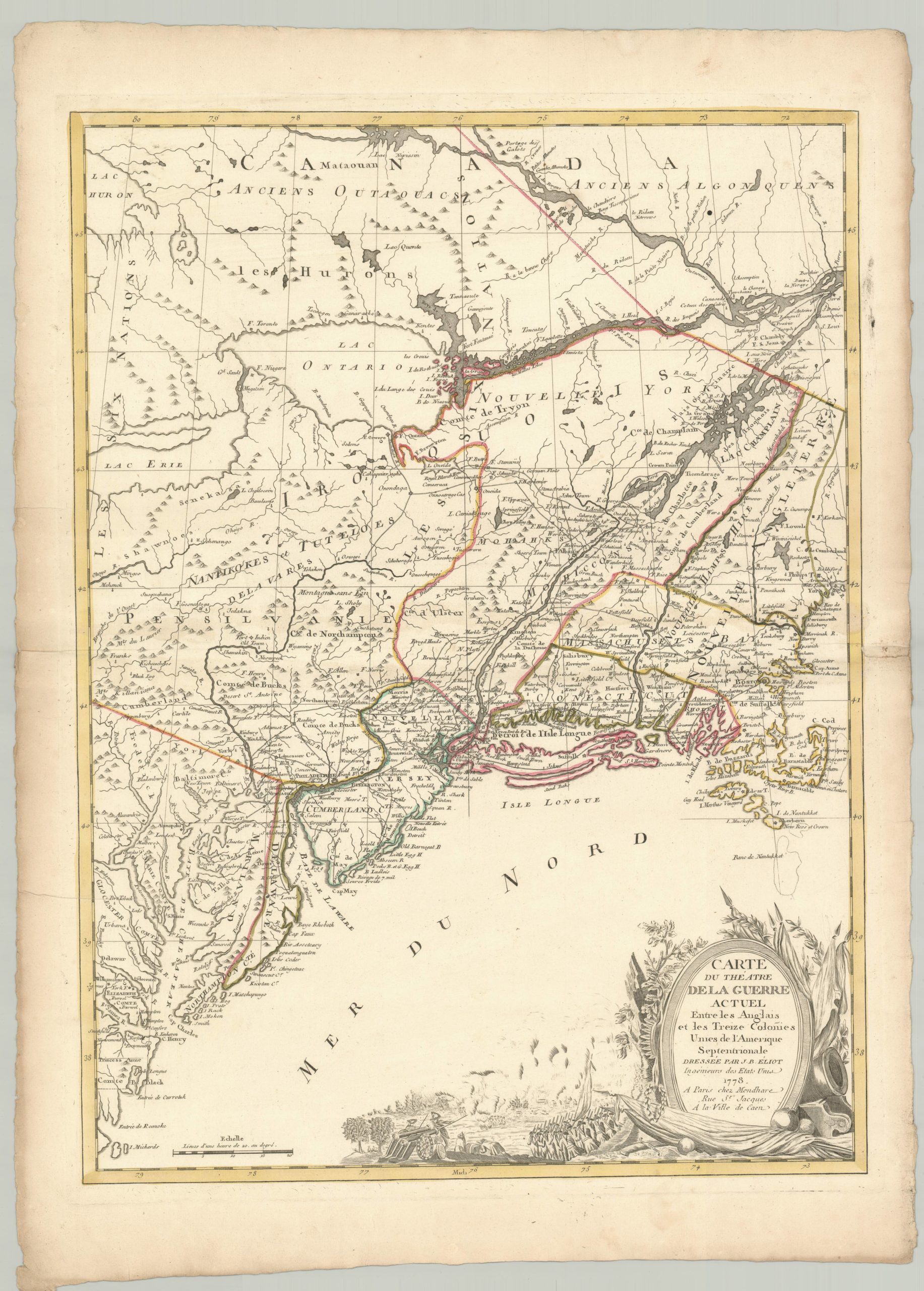Carte du Théatre de la Guerre actuel entre les Anglais et les Trieze Colonies Unies de l'Amerique Septentrionale dressée par J. B. Eliot Ingénieurs des Etats Unis 1778.