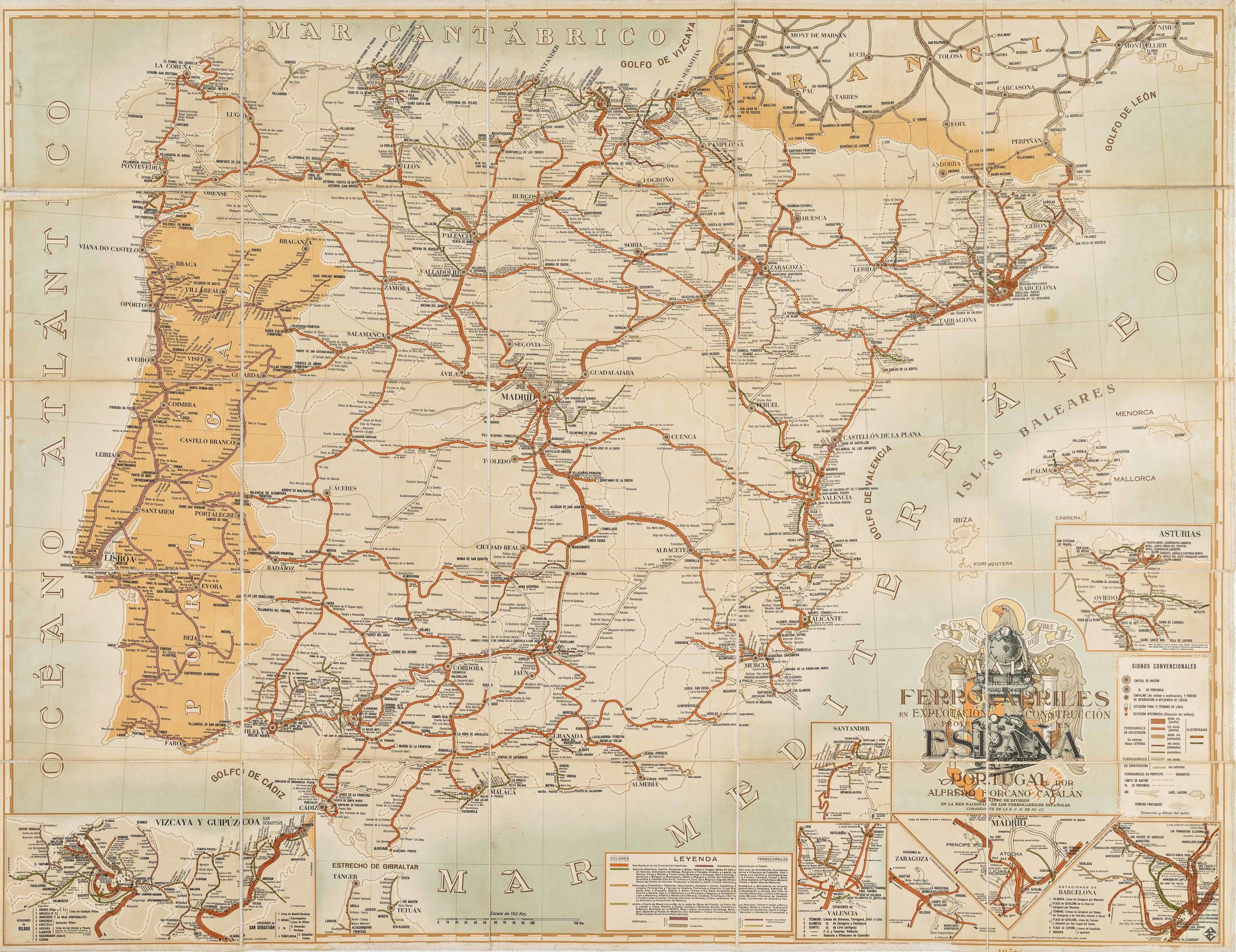 Mapa de los ferrocarriles en explotación, construcción y proyecto en España y Portugal