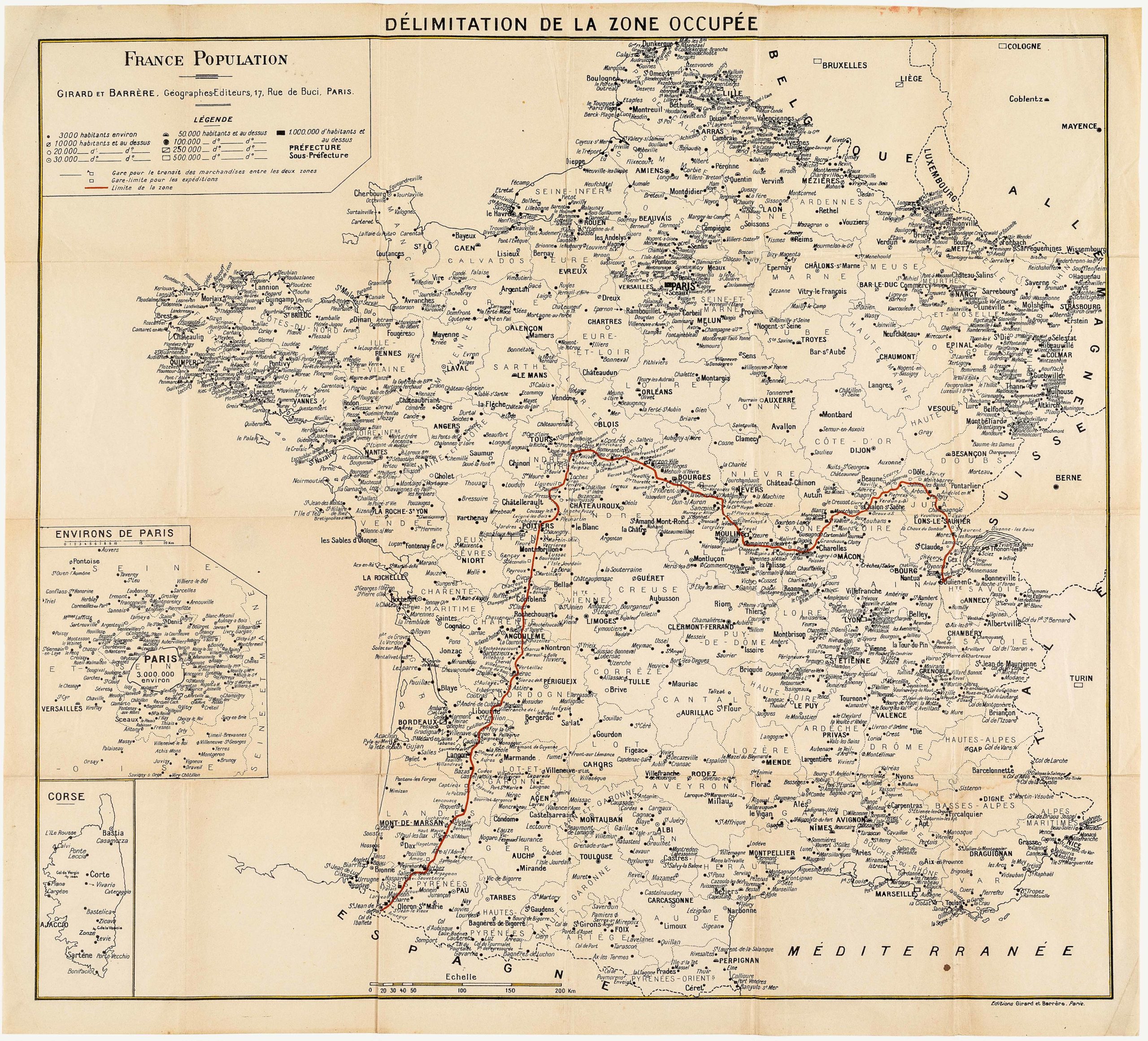 Rare Map of Délimitation de la Zone Occupée German Occupation of France ...