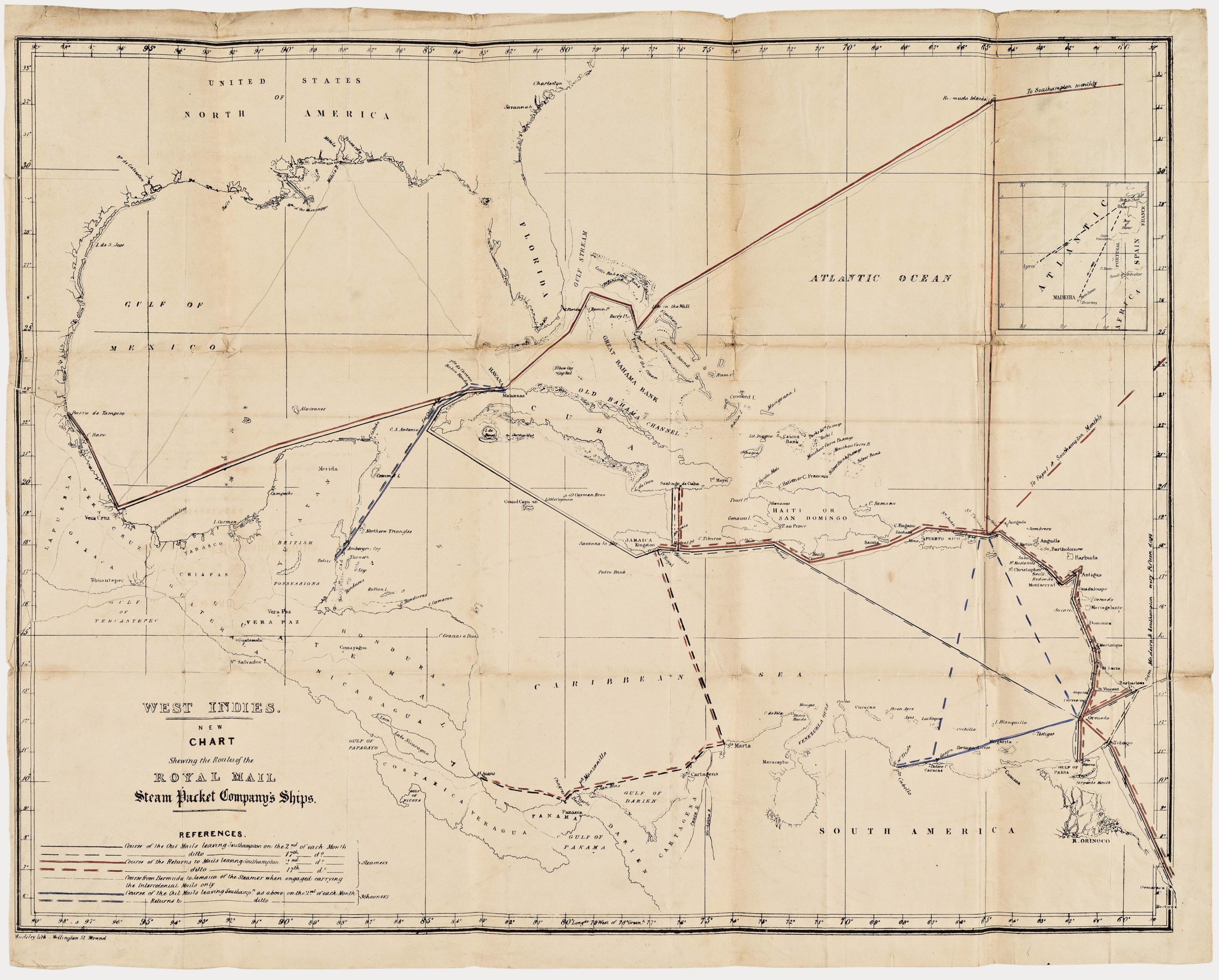 West Indies. New Chart shewing the Routes of the Royal Mail Steam Packet Company’s Ships.