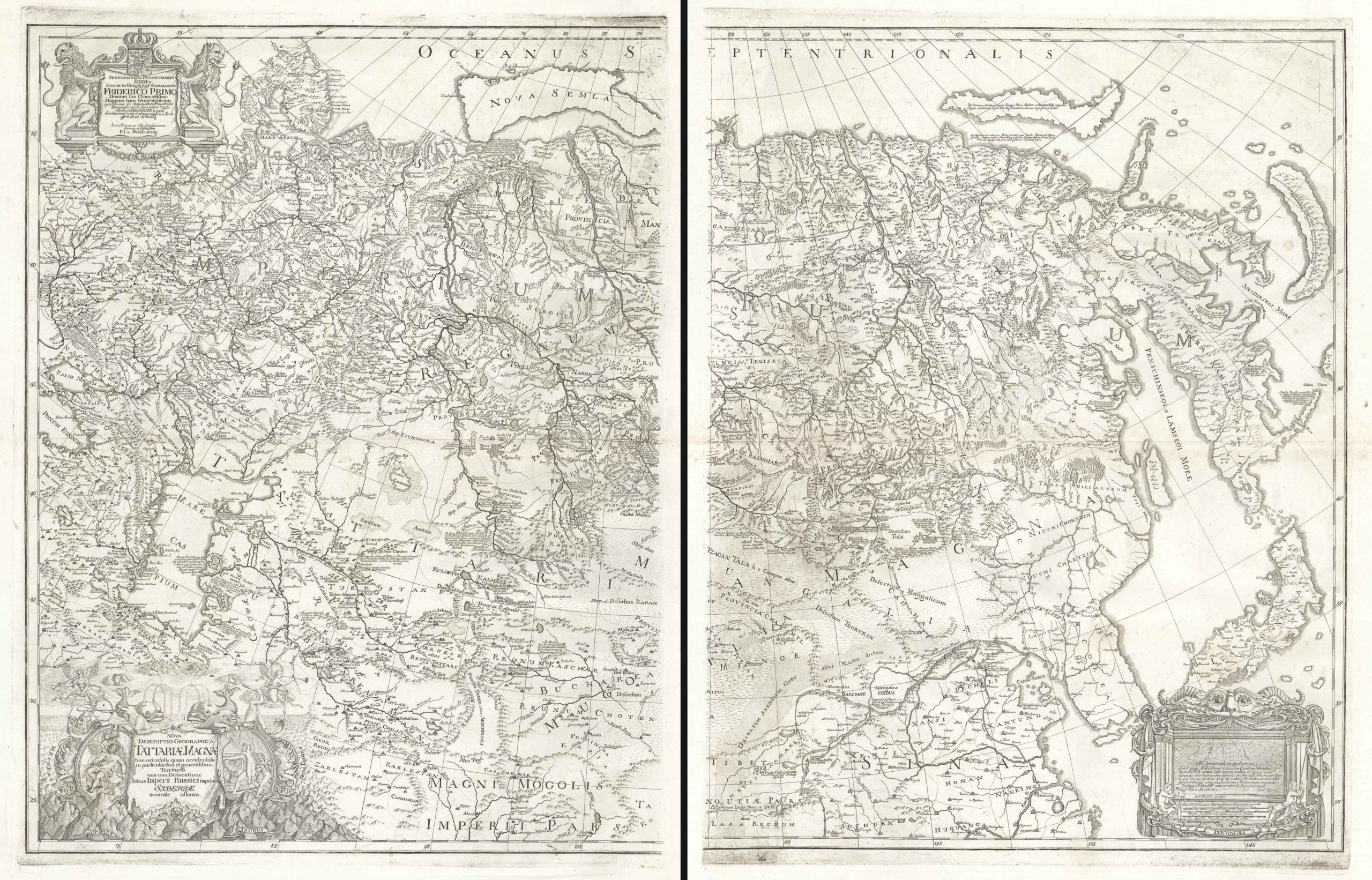 Nova Descriptio Geographica Tattariae Magnae Tam Orientalis Quam Occidentalis In Particularibus Et Generalibus Territoriis Una Cum Delineatione Totius Imperii Russici Imprimis Siberiae Accurate Ostensa.