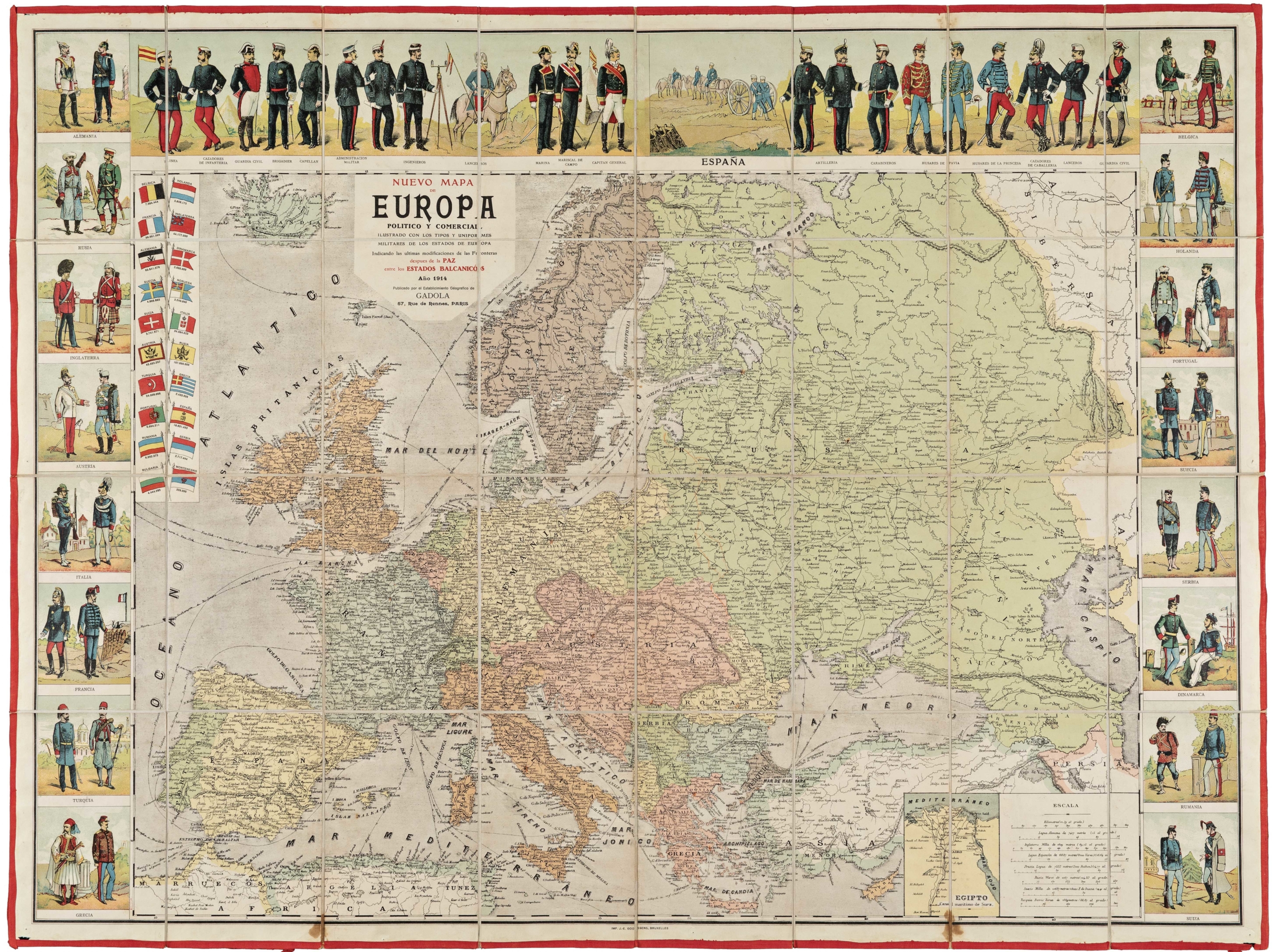 Nuevo Mapa de Europa Politico y Comercial Illustrado con los Tipos y Uniformes Militares de los Estados de Europa...