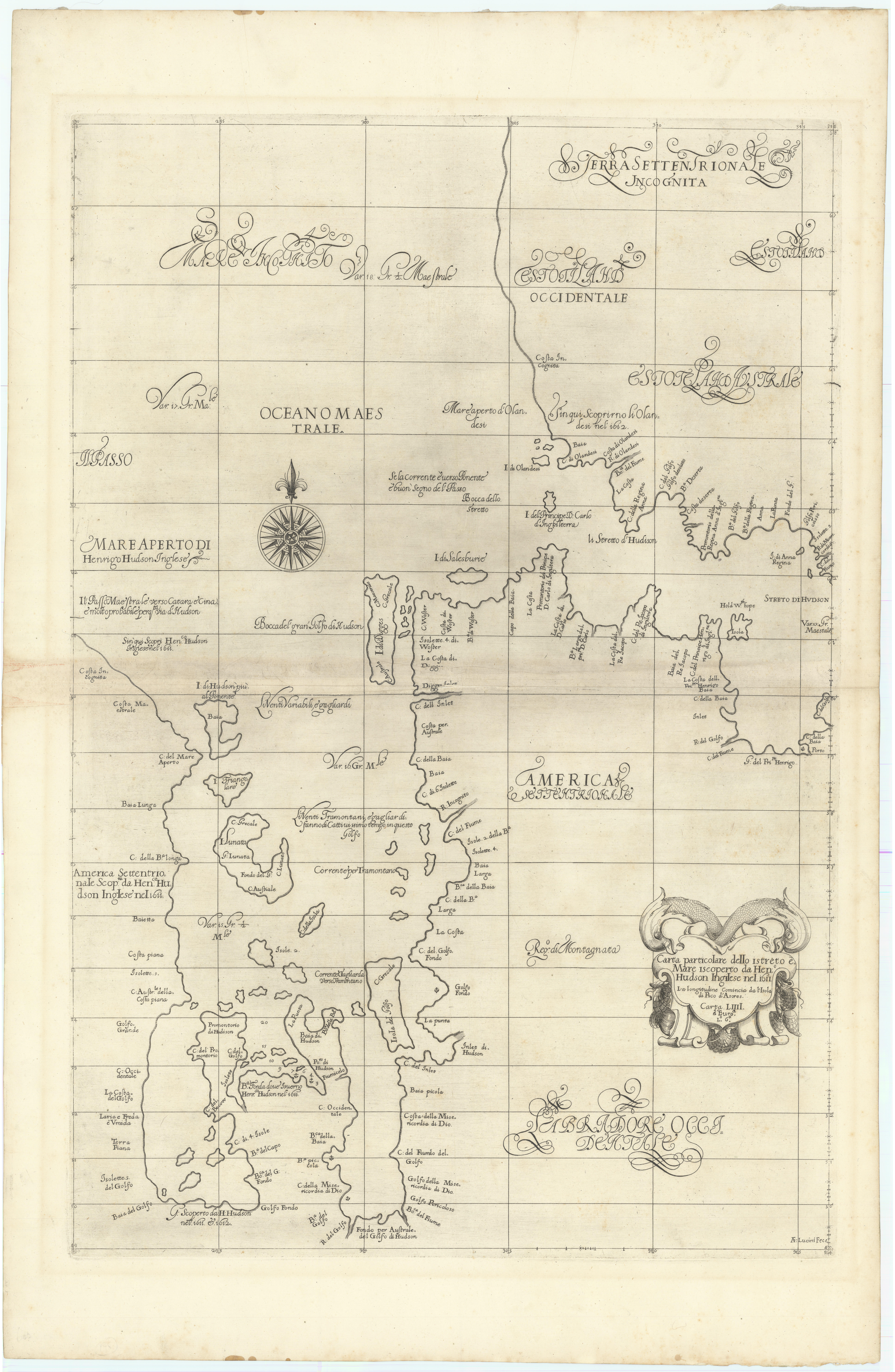 Carta particolare dello istreto e Mare iscoperto da Hen:º Hudson Ingilese nel. 1611...