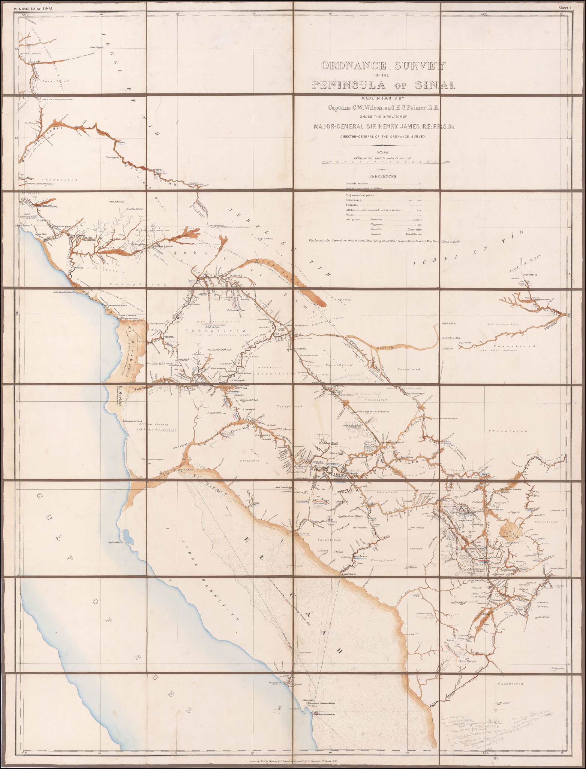 [With Extensive Contemporary Annotations] Ordnance Survey of the Peninsula of Sinai Made in 1868-9 By Captains C.W. Wilson, and H.S. Palmer, R.E. Under The Direction of Major-General Sir Henry James, R.E. F.R.S. &c. Director of the Ordnance Survey