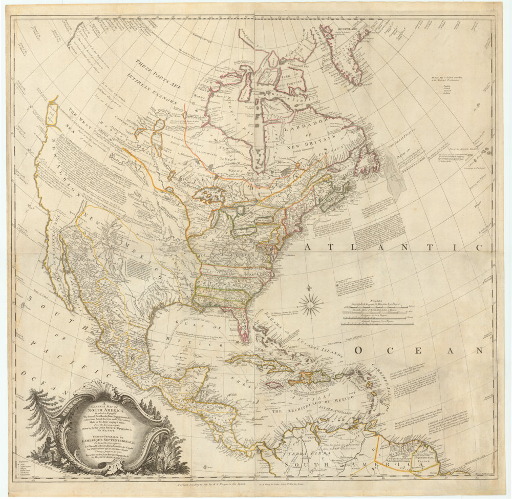 A GENERAL MAP OF NORTH AMERICA; In which is Express’d The Several New Roads, Forts, Engagements, &c. taken from Actual Surveys and Observations Made in the Army employ’d there, From the Year 1745, to 1761: Drawn by the Late JOHN ROCQUE, Topographer to his MAJESTY.