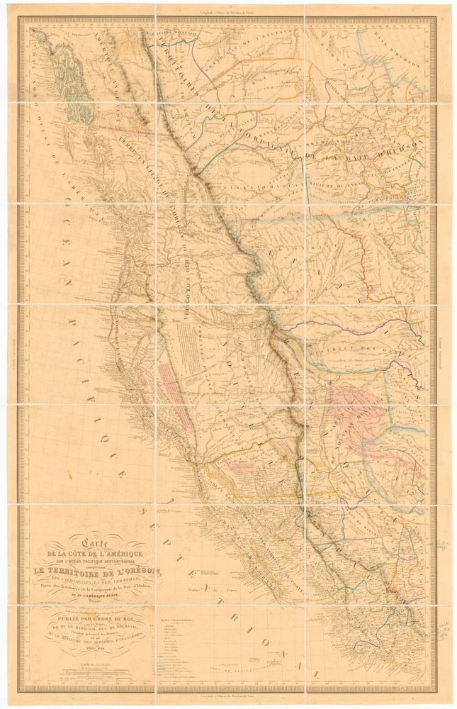 Carte de la Cote de L'Amérique sur l’Océan Pacifique Septentrional le Territoire de l'Orégon, les Californies, la Mer Vermeille, Partie des Territoires de la Compagnie de la Baie d'Hudson, et de l'Amérique Russe.