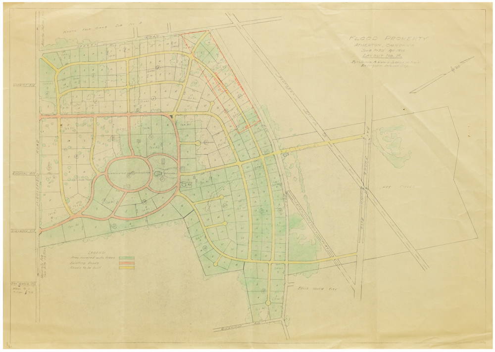Flood Property Atherton, California. Scale 1"=300' Apr. 1936. Layout No. 8. By James & Waters - Subdivision Engr's, Burlingame - Redwood City