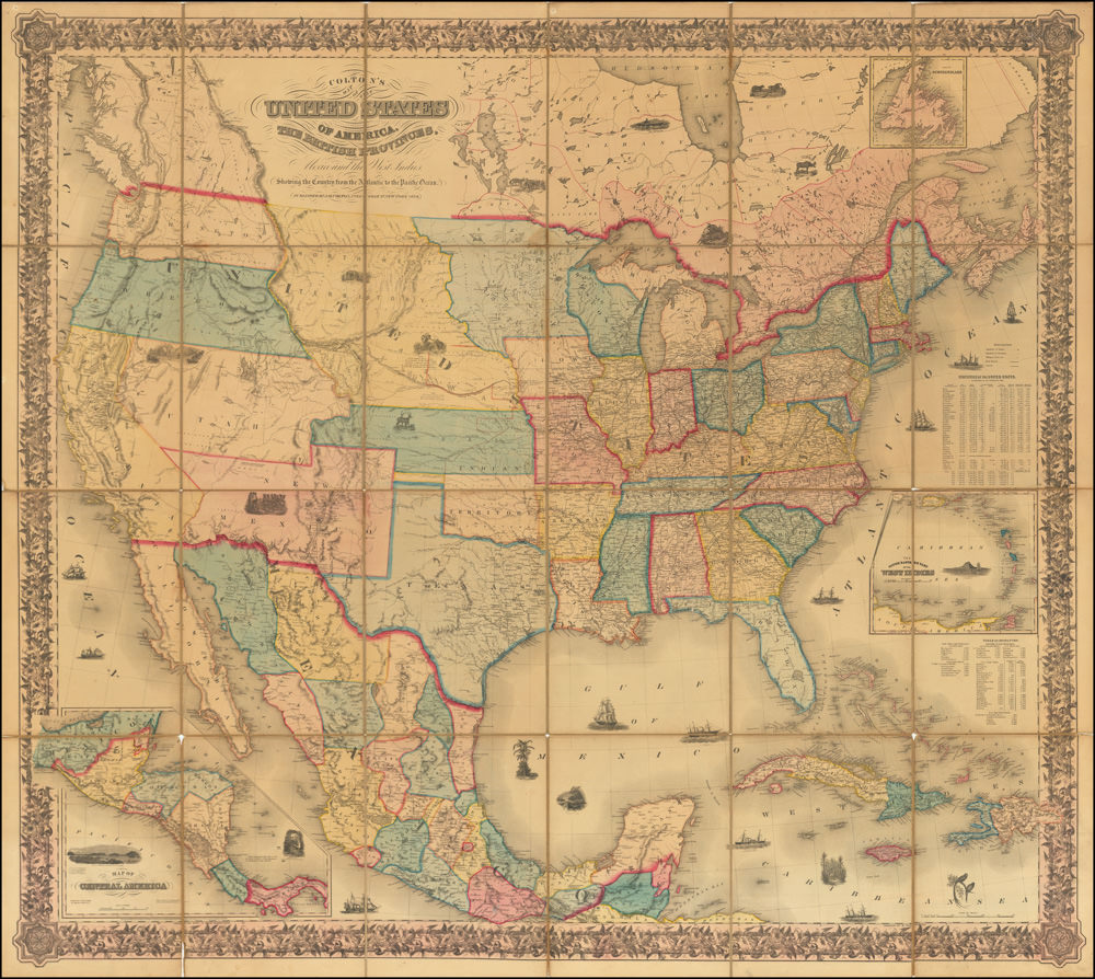 Colton's Map of the United States of America, The British Provinces, Mexico and The West Indies Showing the Countries From the Atlantic to the Pacific Ocean