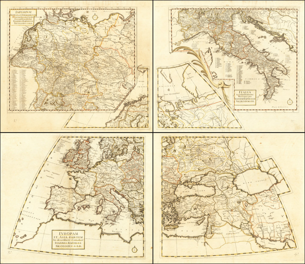 Europam et Asiæ partem Sic describere Conabar Ioannes Baptista Nocolosius S.T.D. Secondarily: Imperium Romano-Germanicum Secundum Decem Circulos Diuisum Describebat Ioannes Baptista Nicolosius S.T.D. & Italia Secundum Dominatus Descripta per Ioannem Baptistam Nicolosivm.S.T.D.