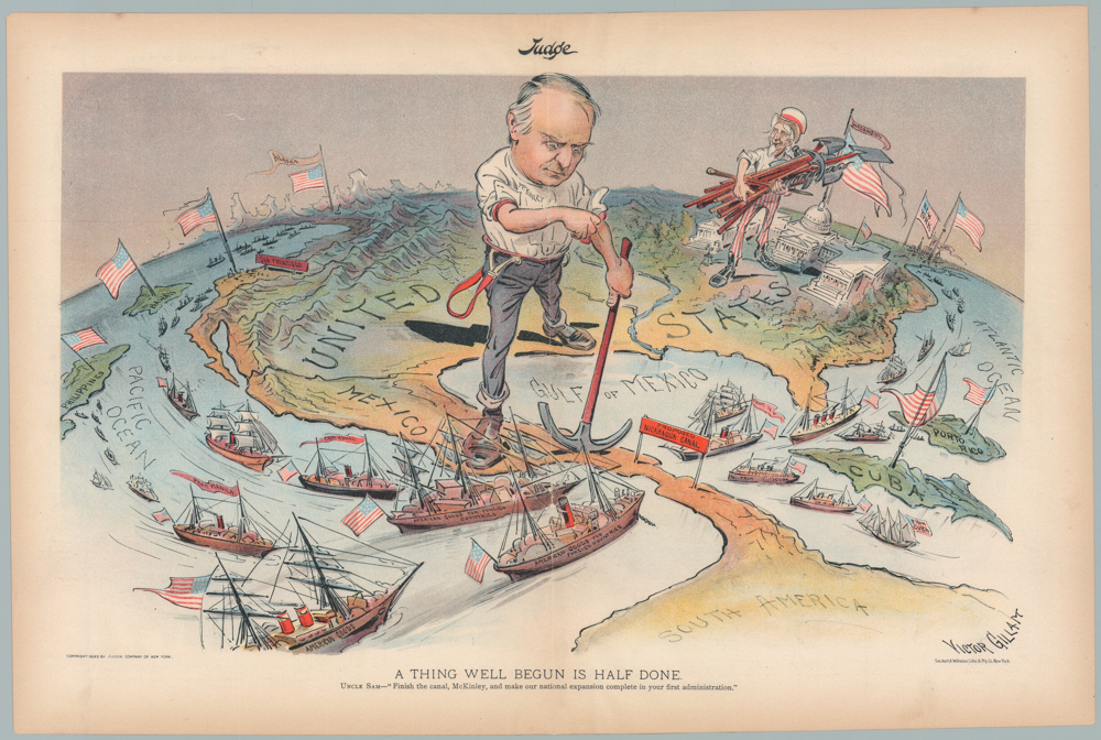 A THING WELL BEGUN IS HALF DONE. UNCLE SAM—“Finish the canal, McKinley, and make our national expansion complete in your first administration.”