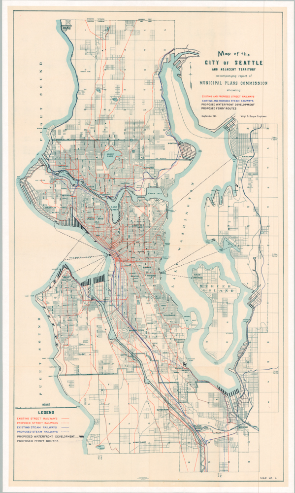 A Map for the City of Seattle and adjacent territory accompanying a report of MUNICIPAL PLANS COMMISSION.