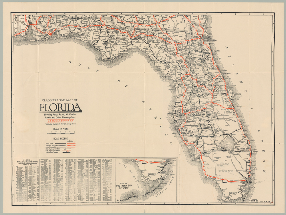 Clason's Road Map of Florida Showing Paved Roads, All Weather Roads and Other Thoroughfares