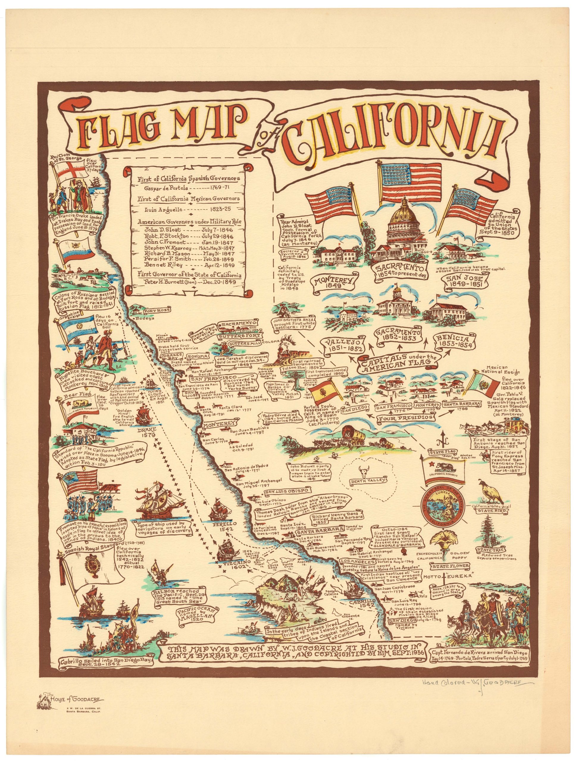 Flag Map of California [Signed in pencil by W.J. Goodacre]