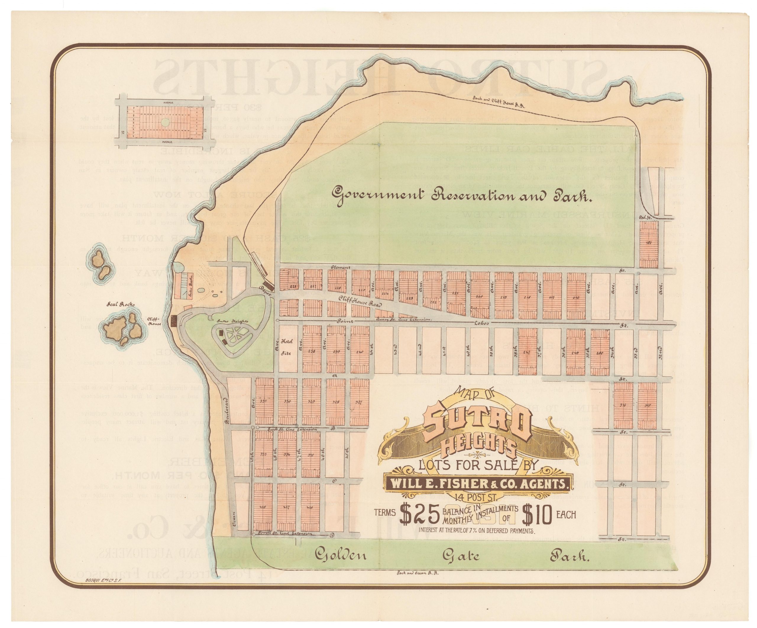 Map of Sutro Heights Lots for Sale by Will E. Fisher and Co. Agents.